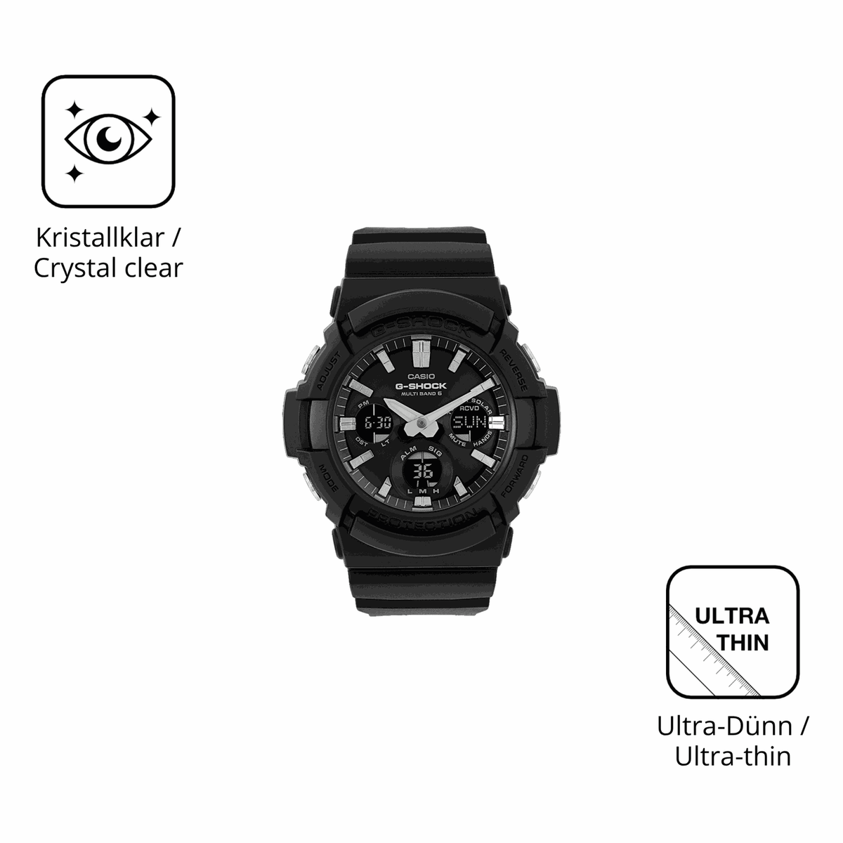 D�nne und klare Folie passend zugeschnitten f�r Casio G-Shock GAW-100