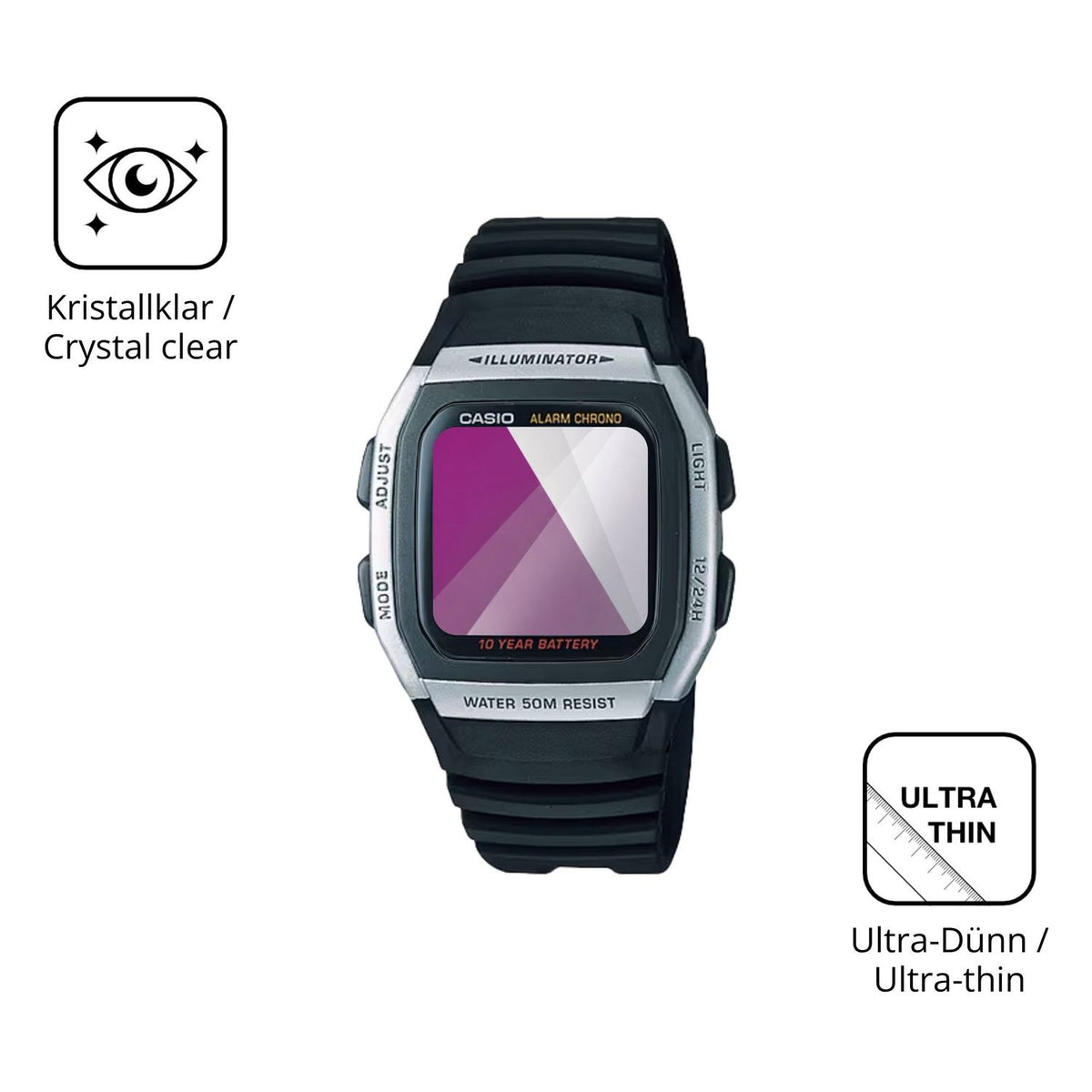 Dünne und klare Folie passend zugeschnitten für Casio W-96H-1AV