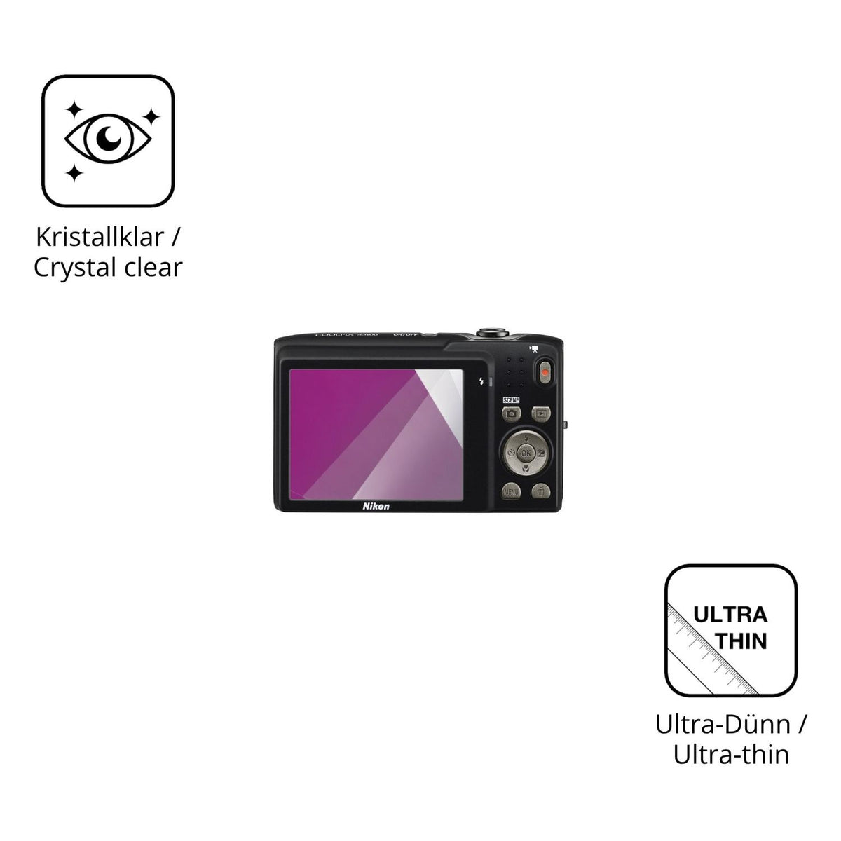 Dünne und klare Folie passend zugeschnitten für Nikon Coolpix S3100