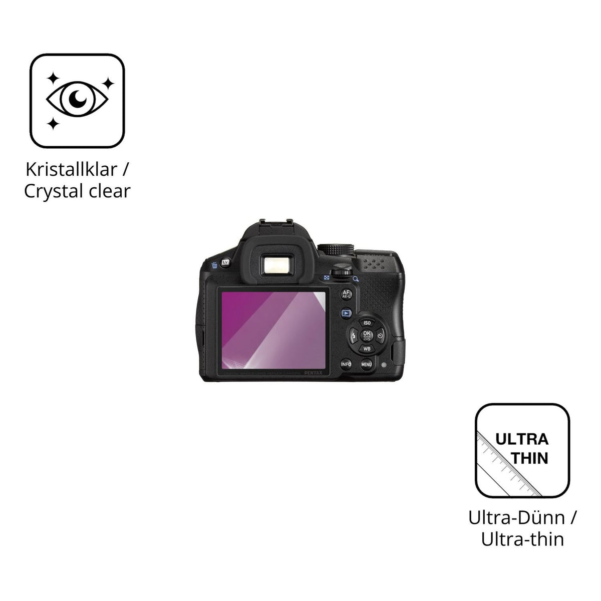 Dünne und klare Folie passend zugeschnitten für Pentax K-30