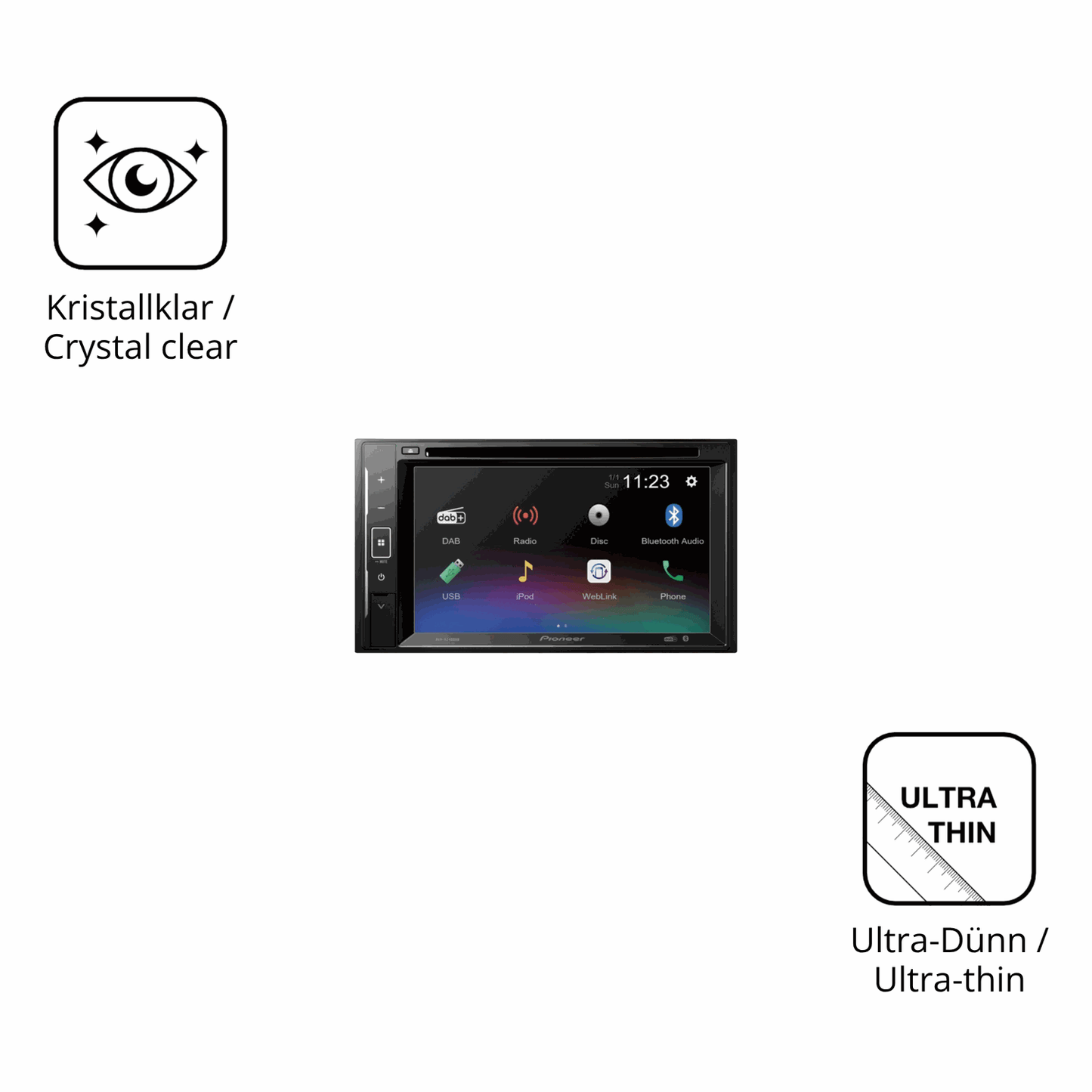 Dünne und klare Folie passend zugeschnitten für Pioneer DMH-A240DAB