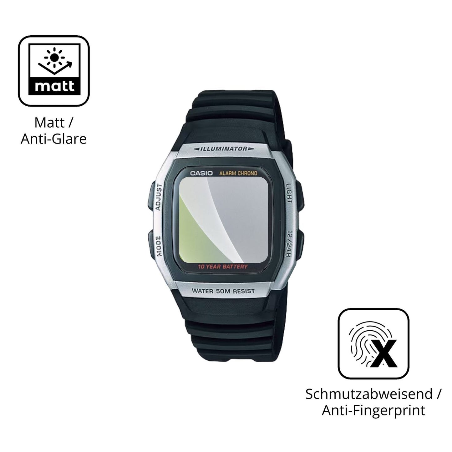 Dünne und entspiegelnde Folie passend zugeschnitten für Casio W-96H-1AV