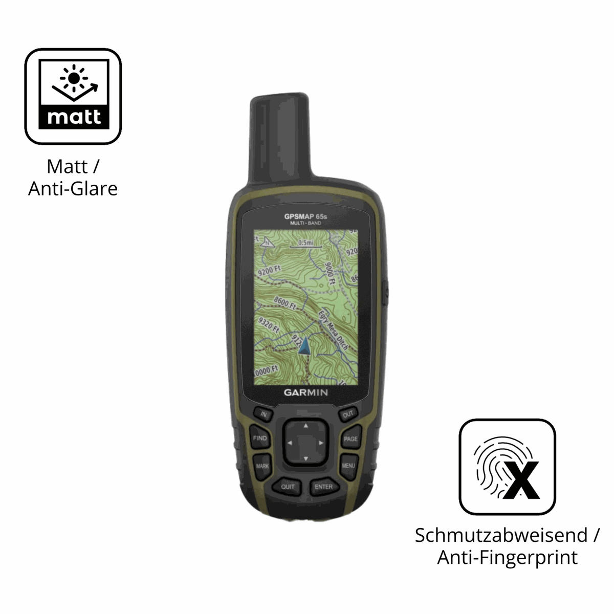Dünne und entspiegelnde Folie passend zugeschnitten für Garmin GPSMAP 65s