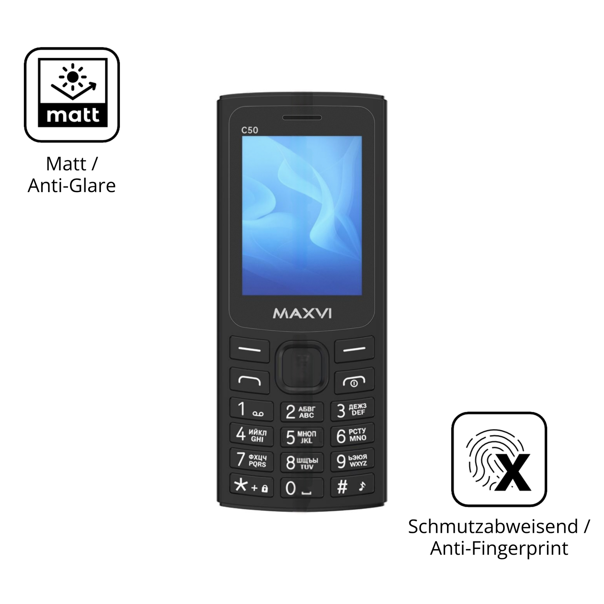 Dünne und entspiegelnde Folie passend zugeschnitten für Maxvi C50