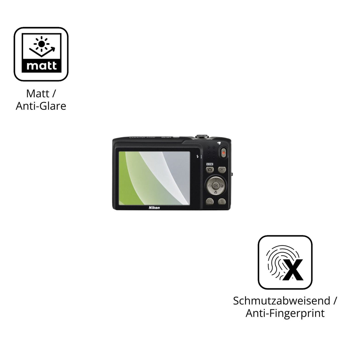 Dünne und entspiegelnde Folie passend zugeschnitten für Nikon Coolpix S3100