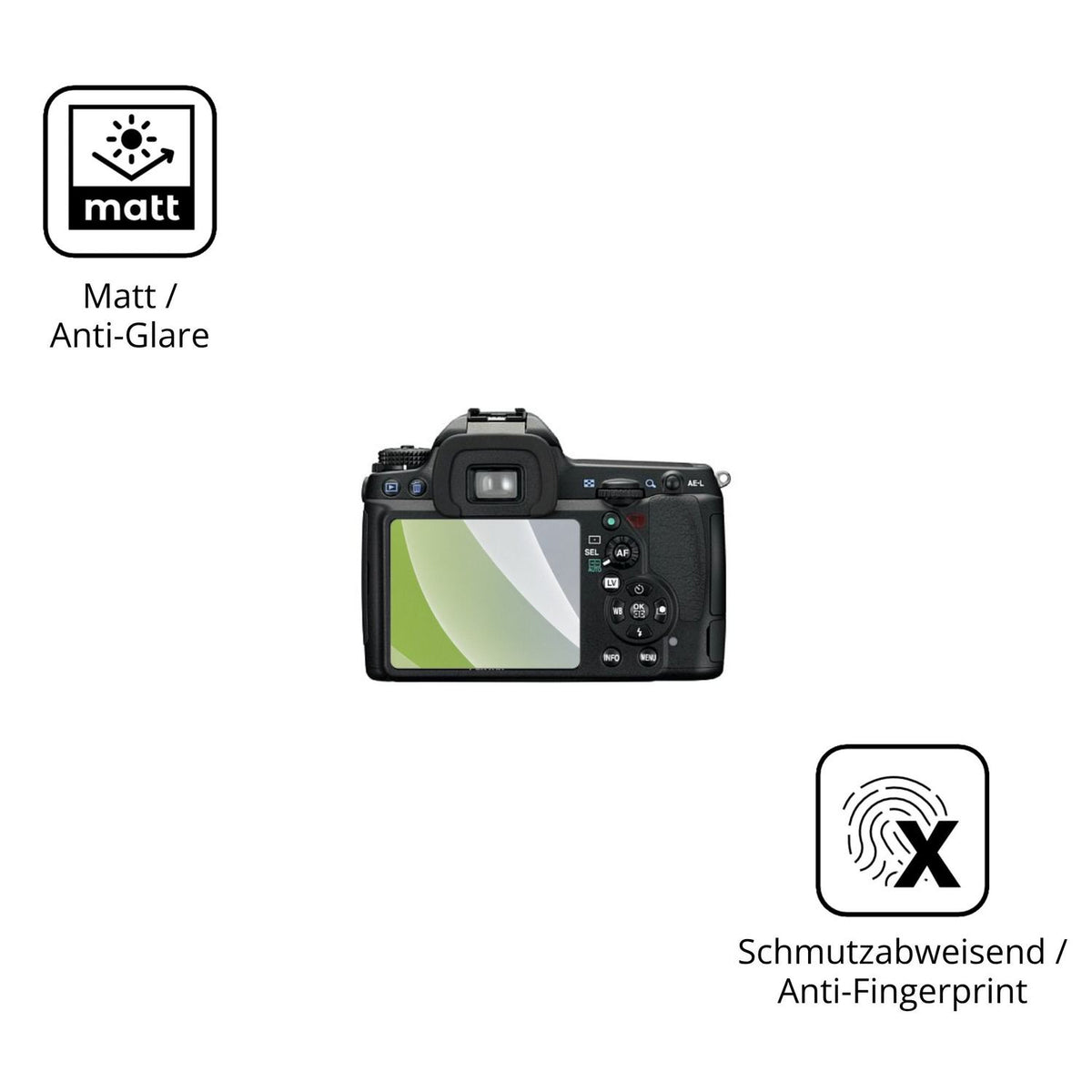 Dünne und entspiegelnde Folie passend zugeschnitten für Pentax K7