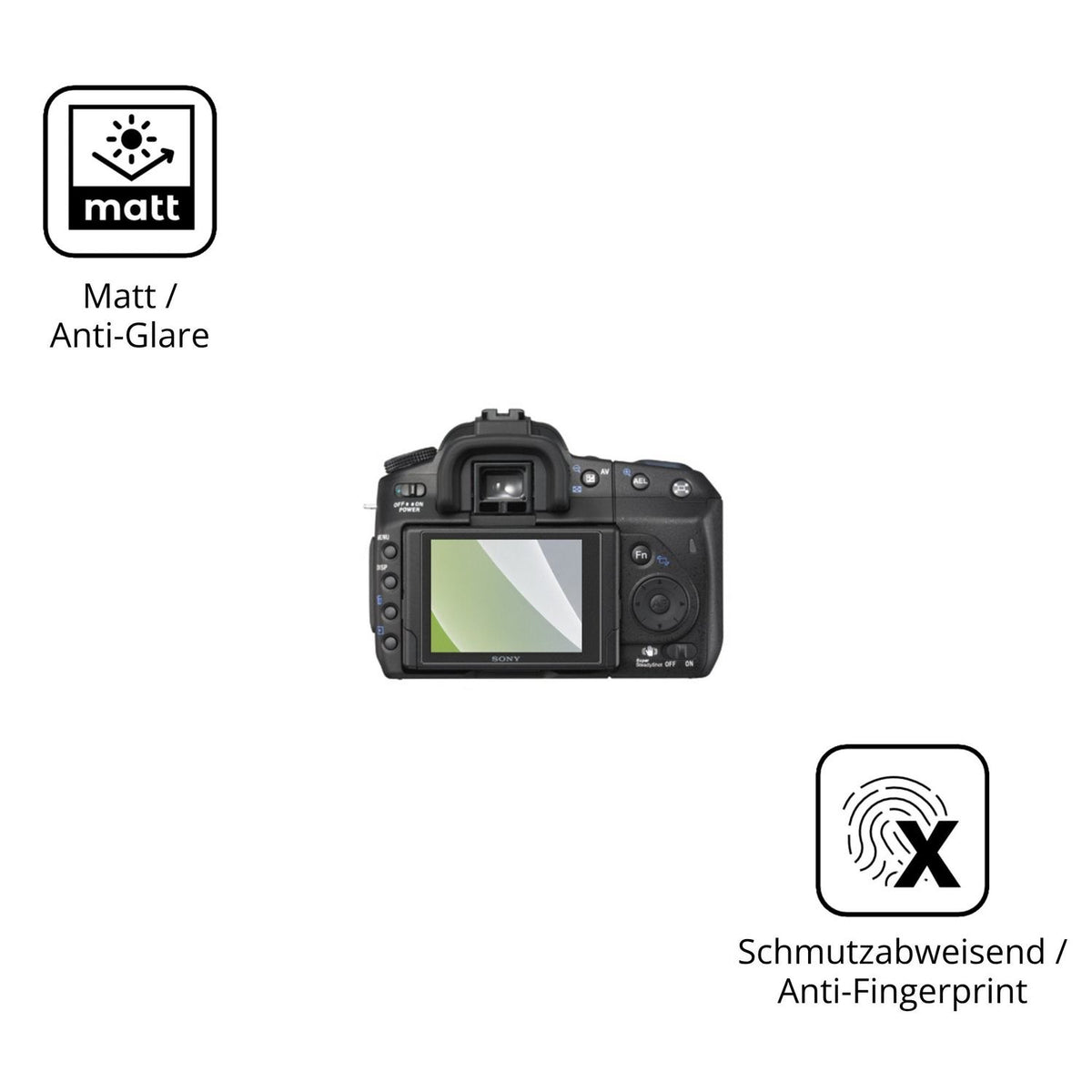 Dünne und entspiegelnde Folie passend zugeschnitten für Sony A350