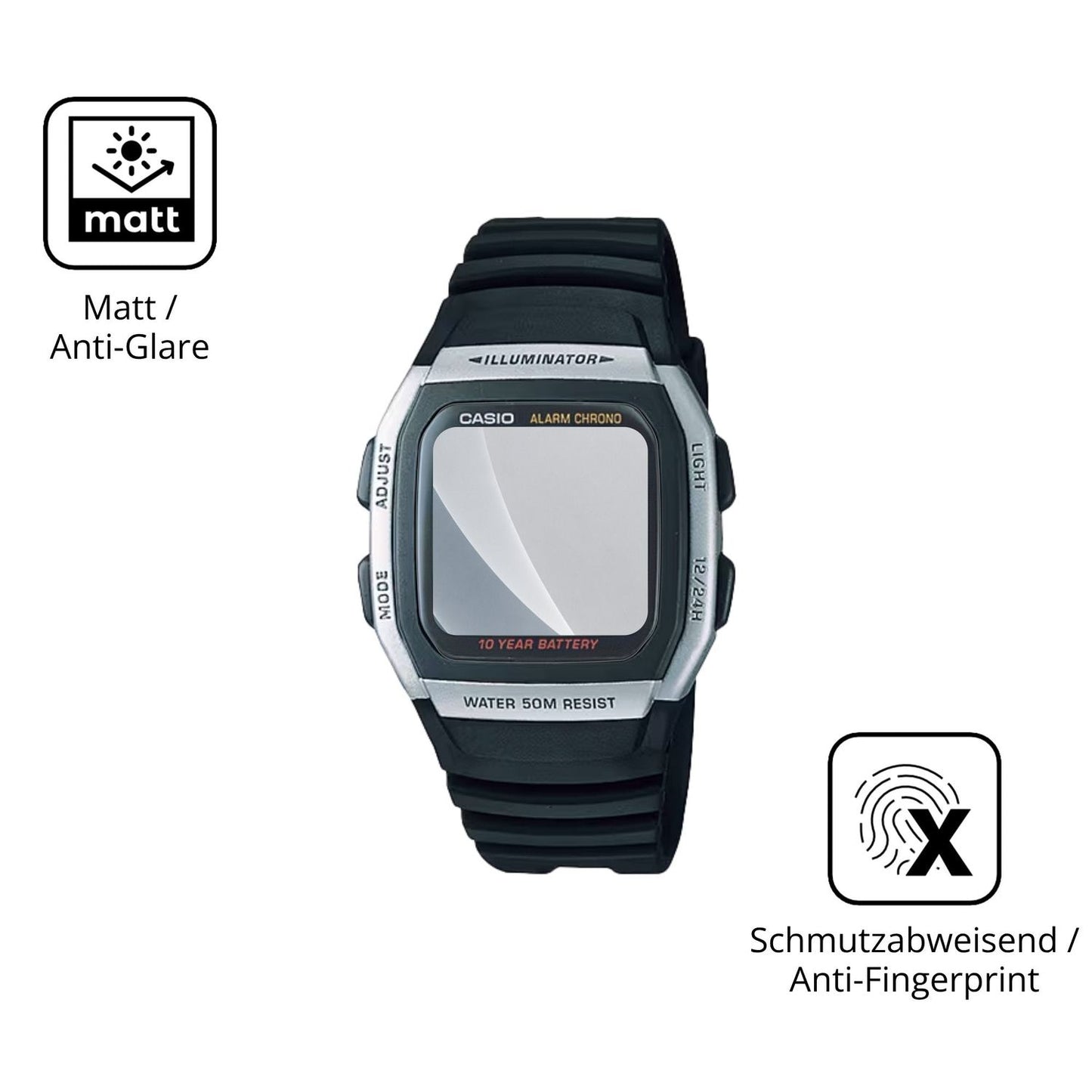9H Hartbeschichtete, flexible Folie passend zugeschnitten für Casio W-96H-1AV