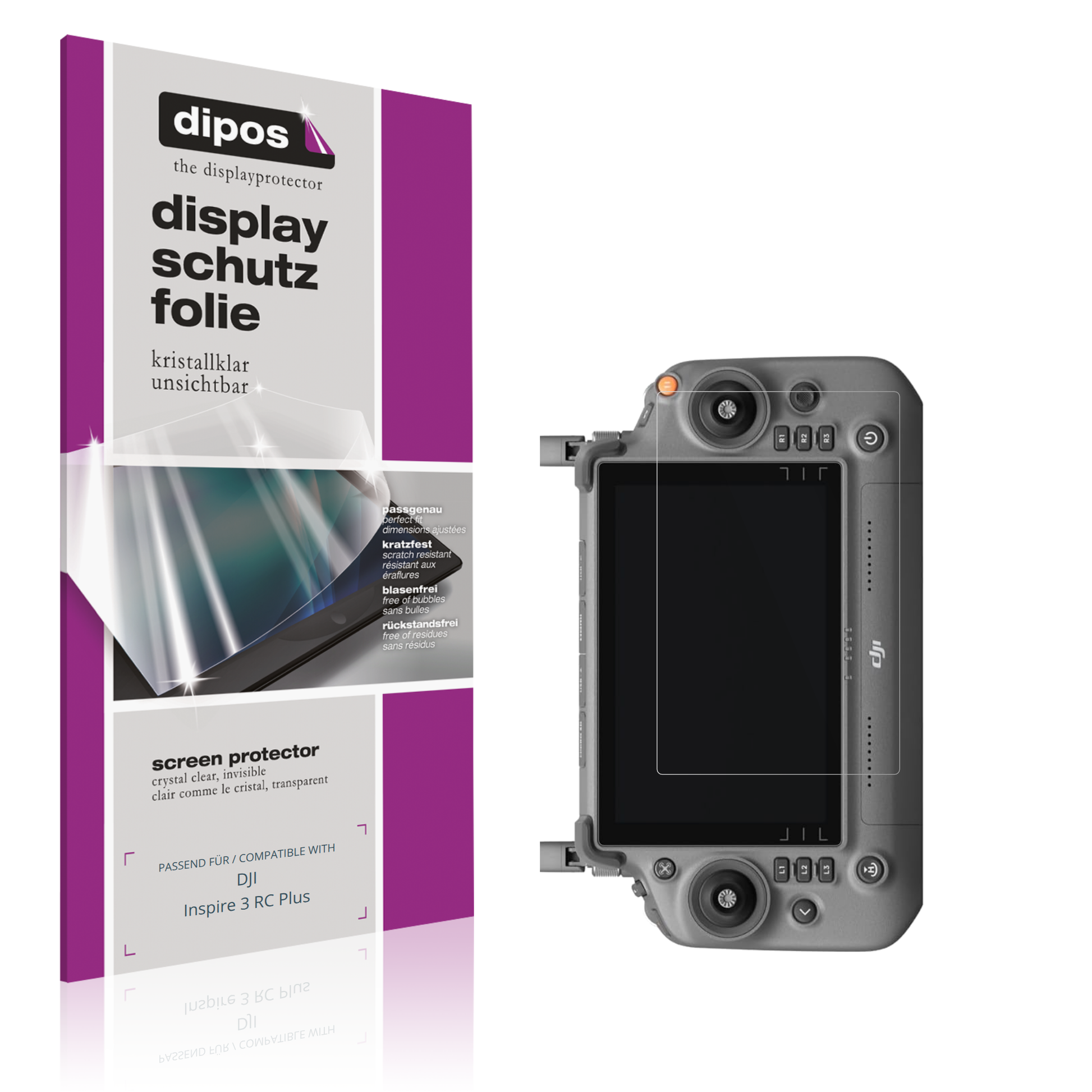 Klare Displayschutzfolie von dipos passend für DJI Inspire 3 RC Plus, präziser Zuschnitt und blasenfrei montiert