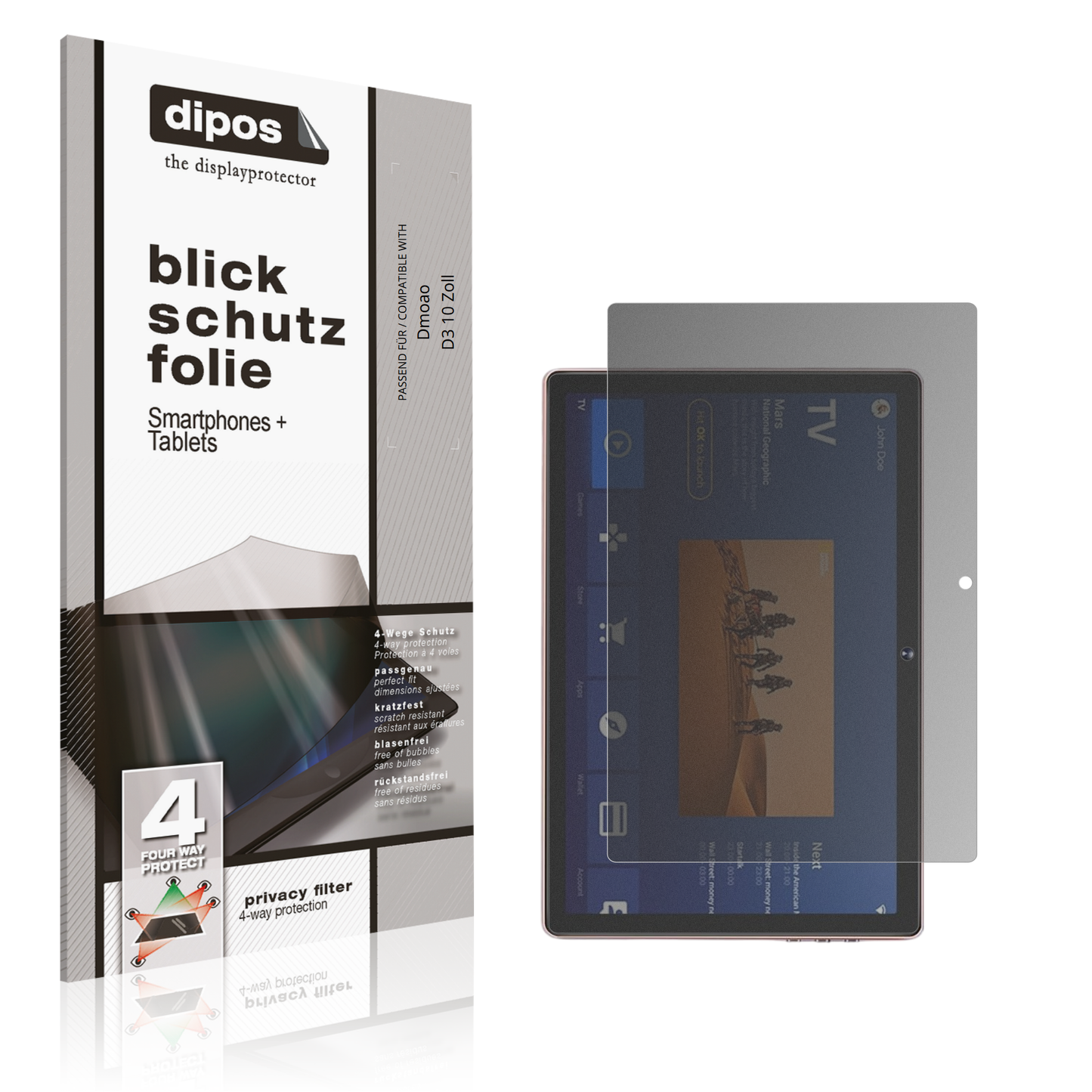 Blickschutzfolie von dipos passend für Dmoao D3 10 Zoll, präziser Zuschnitt und blasenfrei montiert