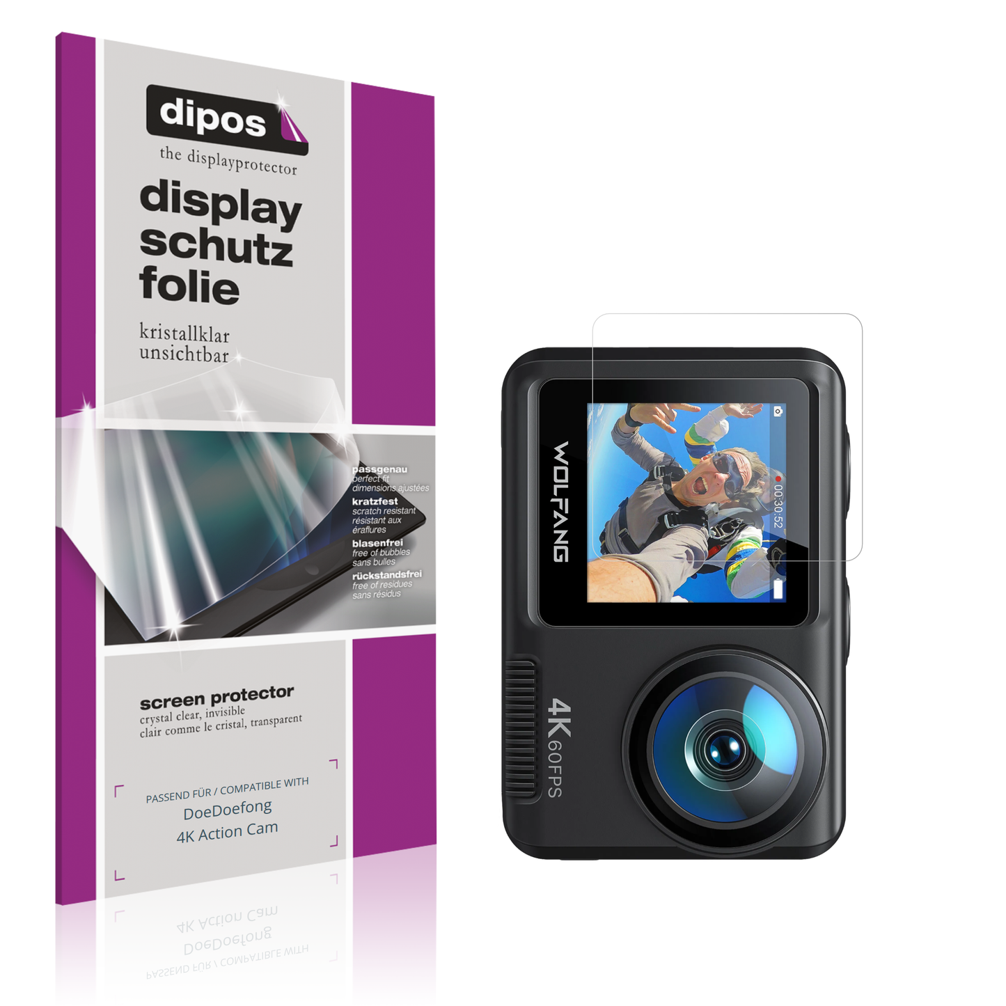 Klare Displayschutzfolie von dipos passend für DoeDoefong 4K Action Cam, präziser Zuschnitt und blasenfrei montiert