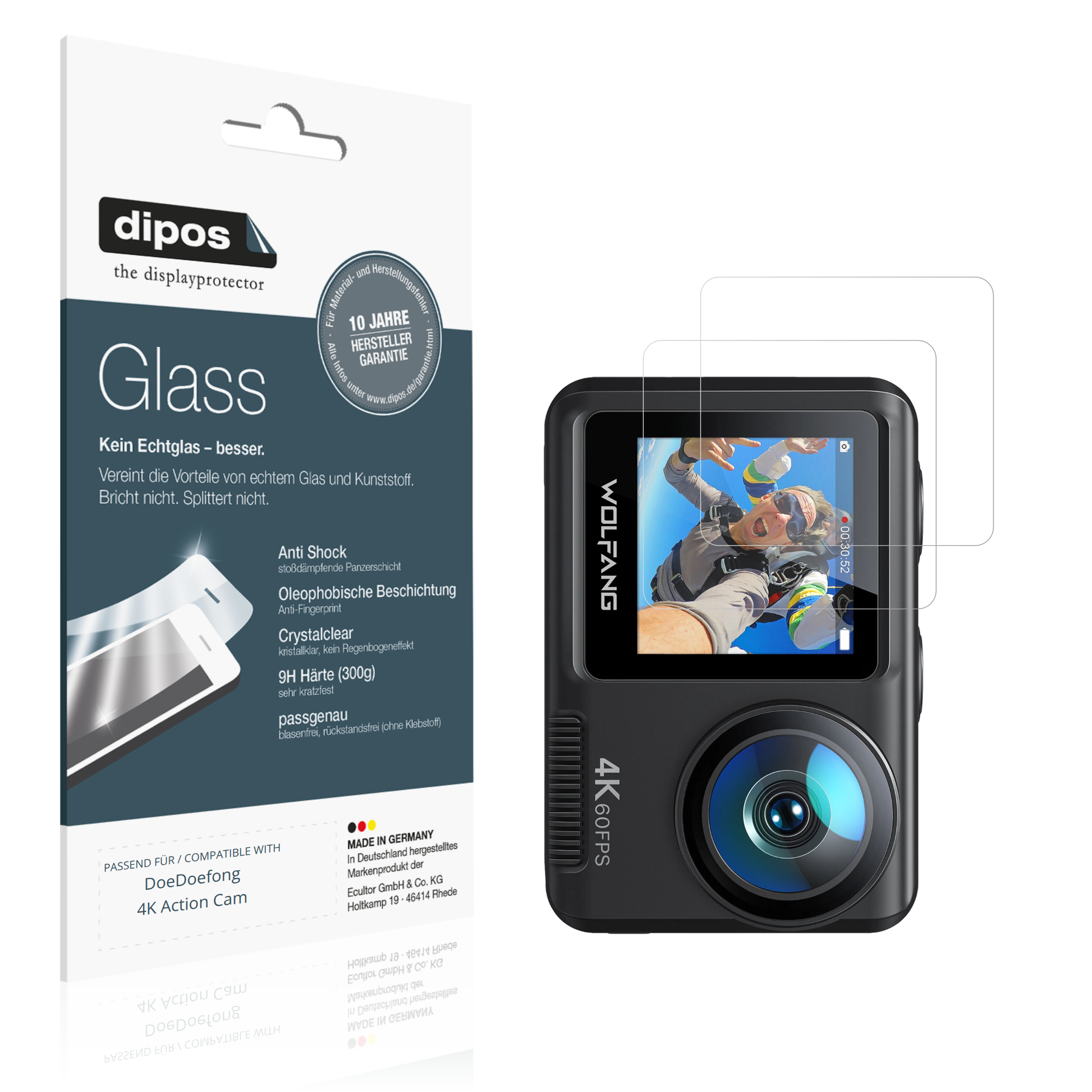 Klare Displayschutzfolie von dipos passend für DoeDoefong 4K Action Cam, 9H kratzfest und blasenfrei montiert
