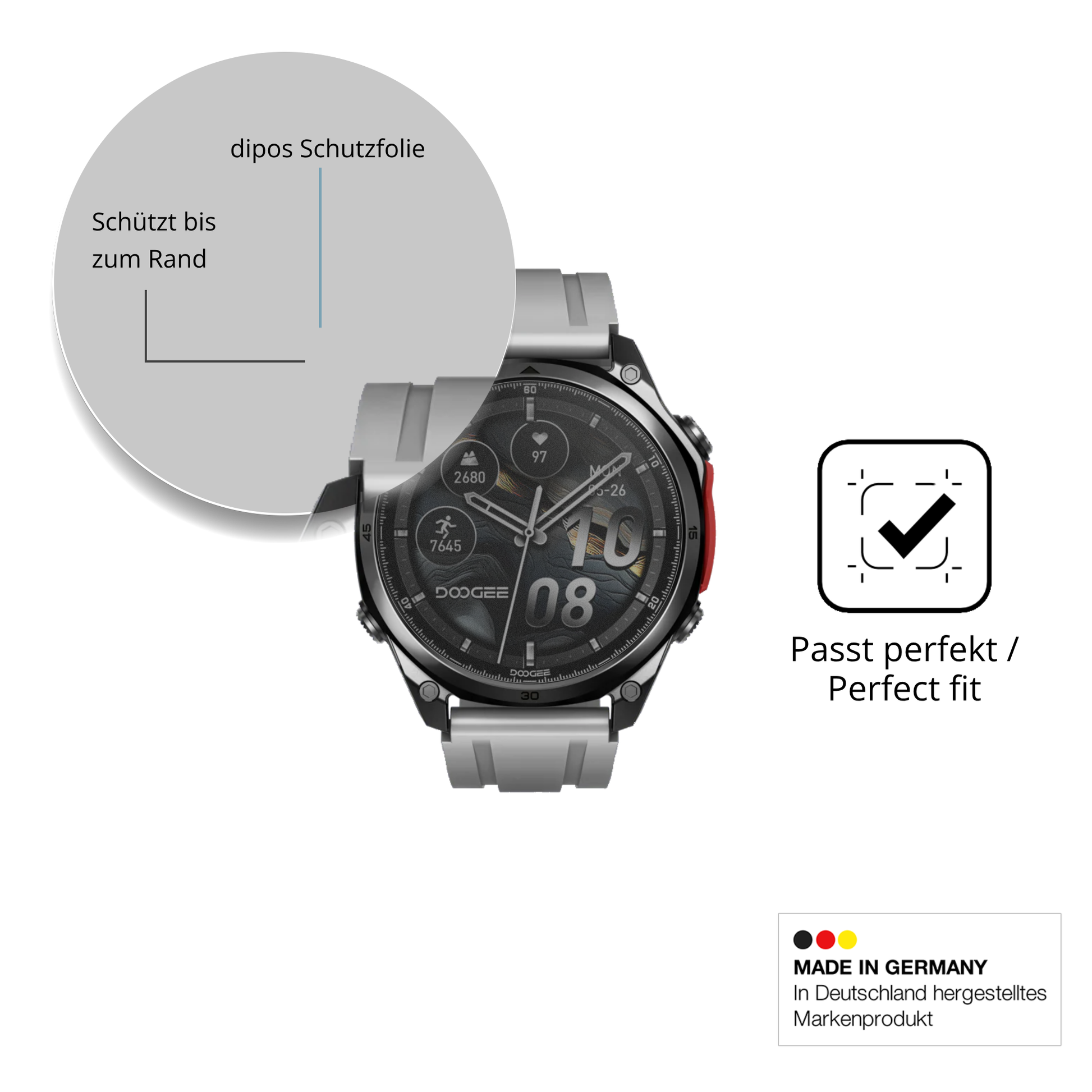 Schutz gegen Kratzer auf dem Doogee Anywise W1 Pro Glas durch Schlüssel, Stöße gegen die Tischkante oder Stürze