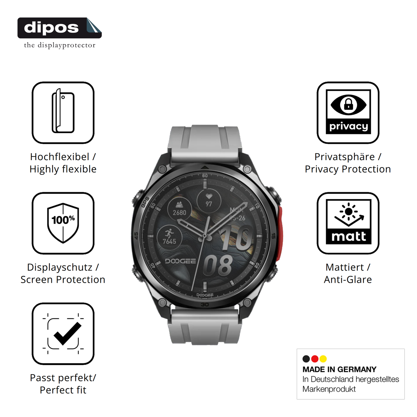 Flexible TPU-Folie passend zugeschnitten für Doogee Anywise W1, mit Privatsphäre-Schutz durch Sichtschutz-Folie