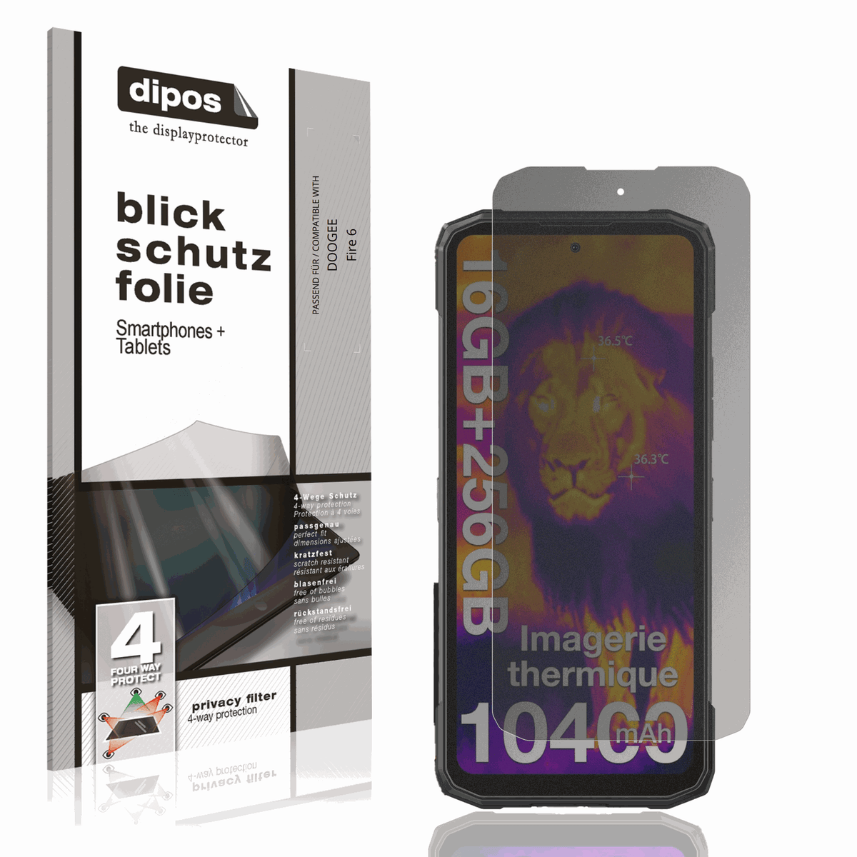 Blickschutzfolie von dipos passend für DOOGEE Fire 6, präziser Zuschnitt und blasenfrei montiert