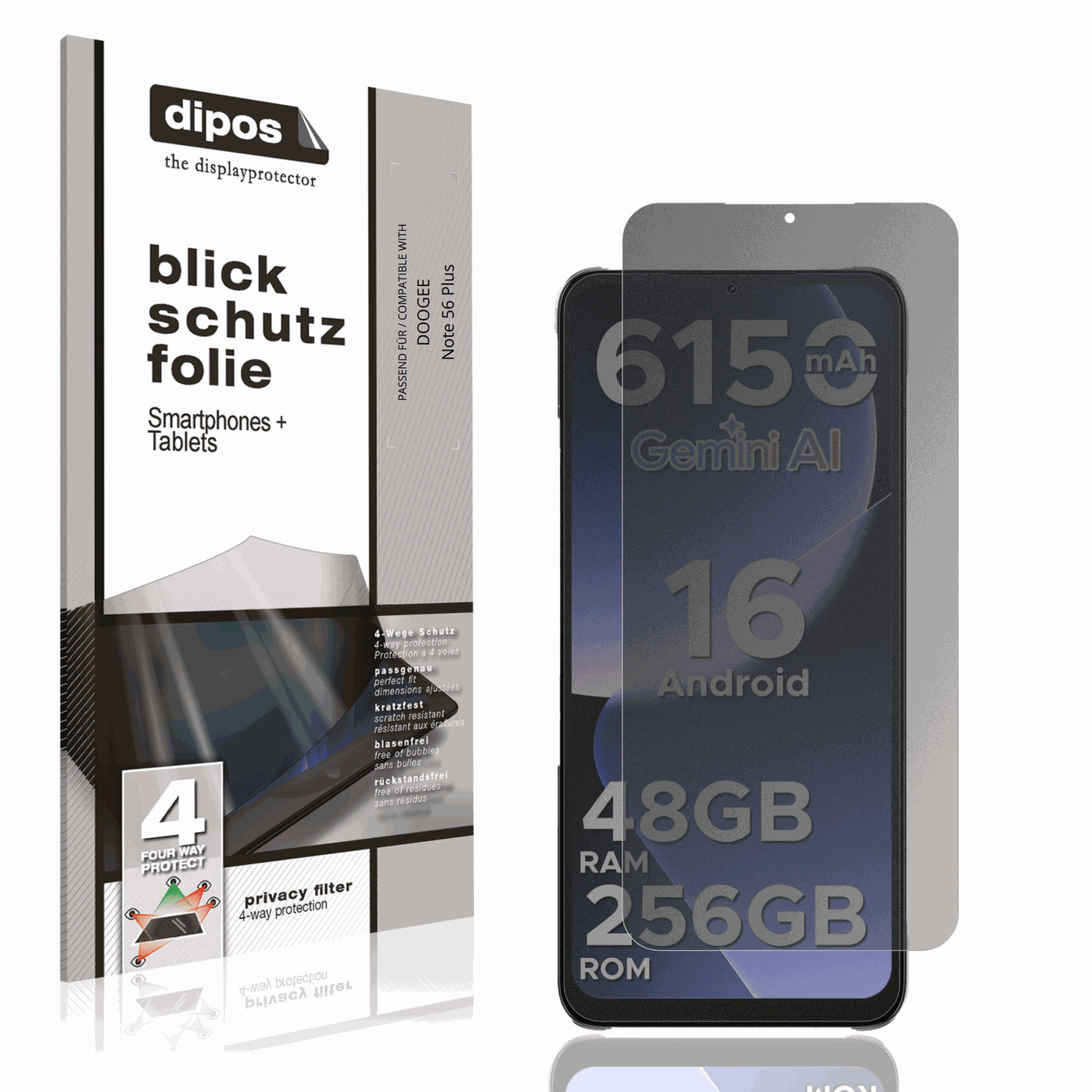 Blickschutzfolie von dipos passend für DOOGEE Note 56 Plus, präziser Zuschnitt und blasenfrei montiert