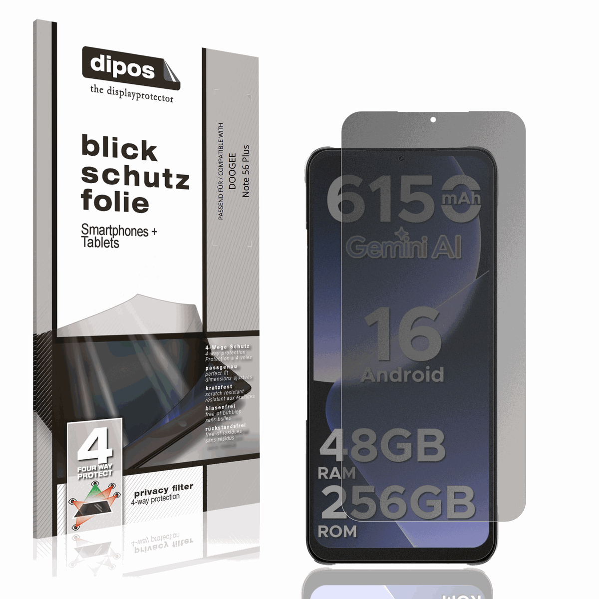 Blickschutzfolie von dipos passend für DOOGEE Note 56 Plus, präziser Zuschnitt und blasenfrei montiert