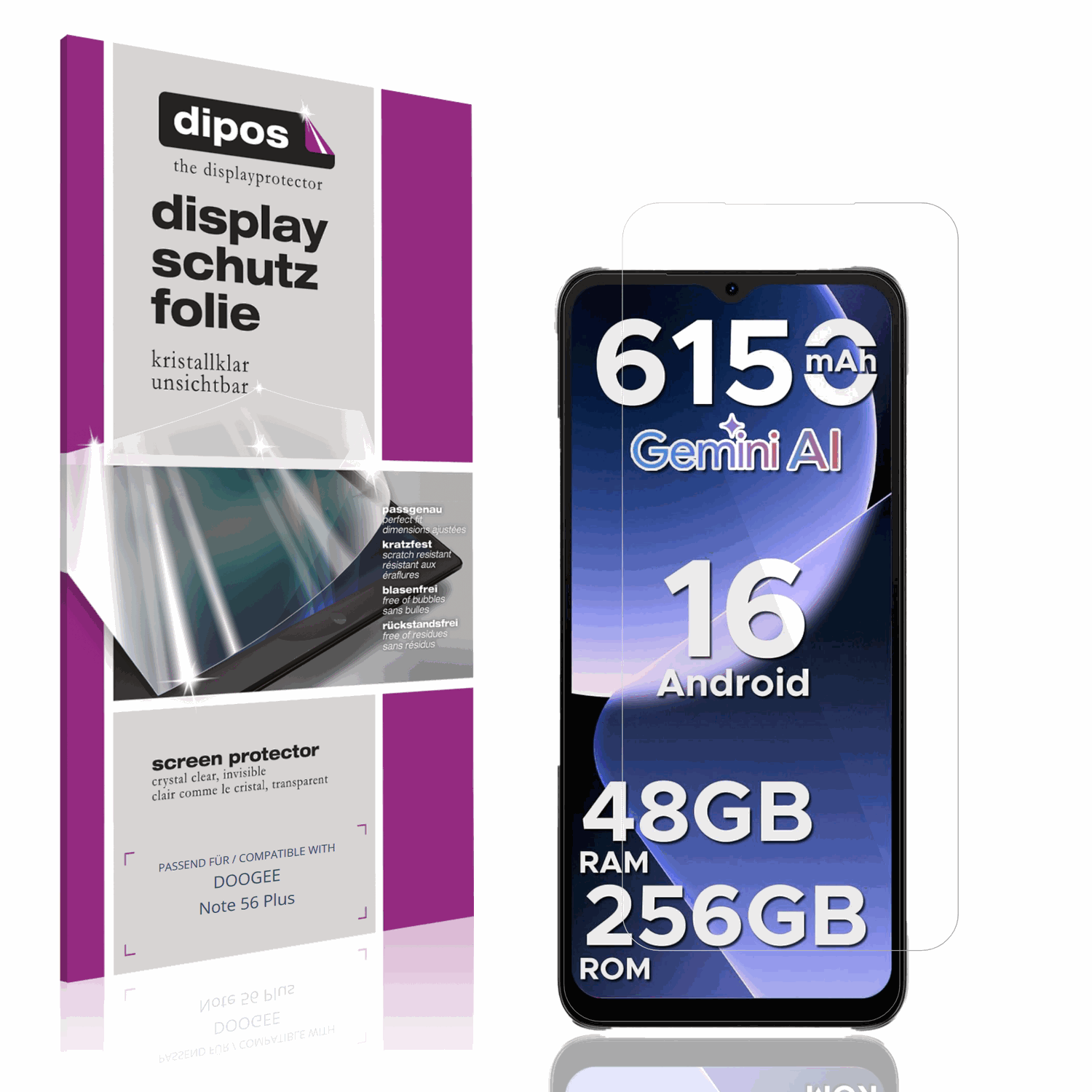Klare Displayschutzfolie von dipos passend für DOOGEE Note 56 Plus, präziser Zuschnitt und blasenfrei montiert