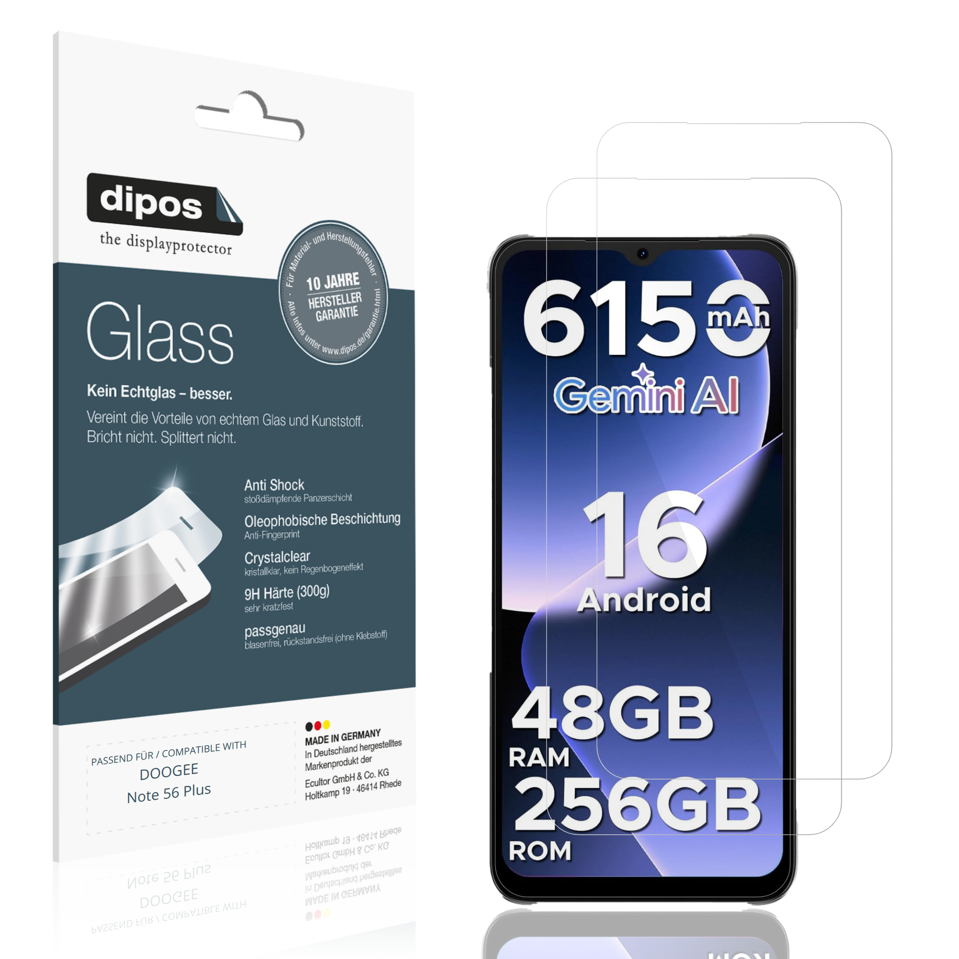 Klare Displayschutzfolie von dipos passend für DOOGEE Note 56 Plus, 9H kratzfest und blasenfrei montiert