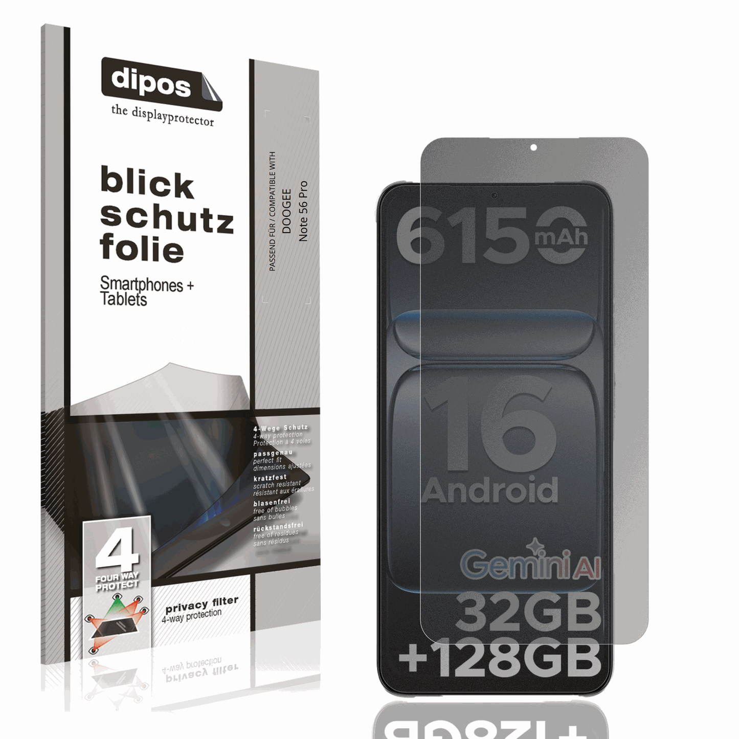 Blickschutzfolie von dipos passend für DOOGEE Note 56 Pro, präziser Zuschnitt und blasenfrei montiert