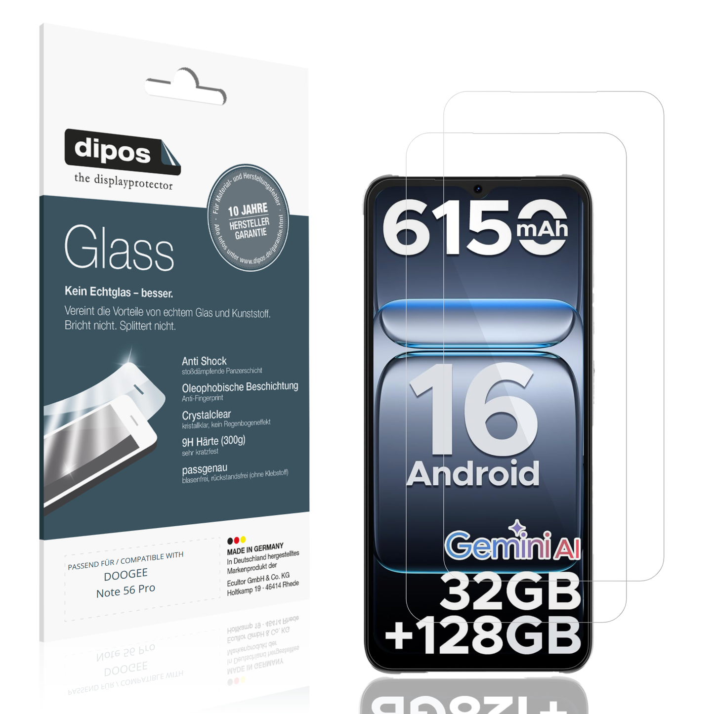 Klare Displayschutzfolie von dipos passend für DOOGEE Note 56 Pro, 9H kratzfest und blasenfrei montiert