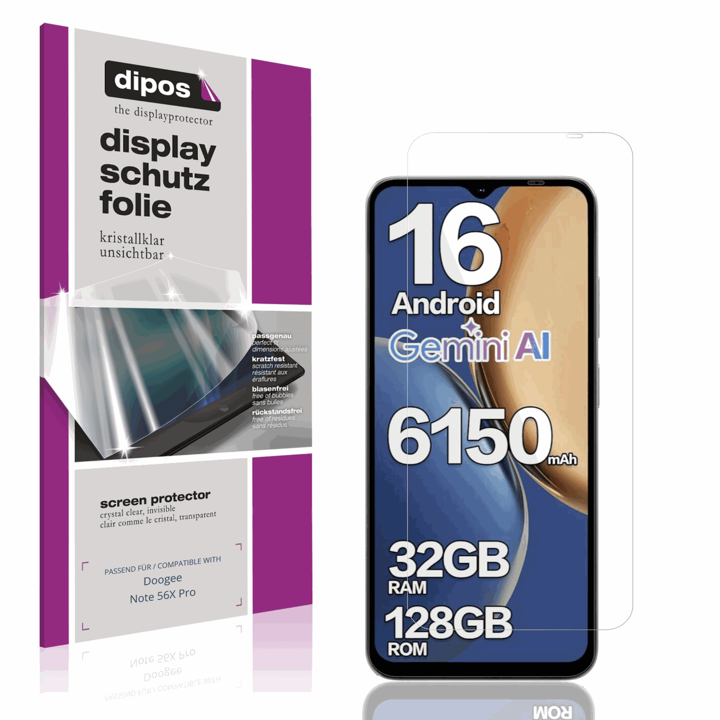 Klare Displayschutzfolie von dipos passend für Doogee Note 56X Pro, präziser Zuschnitt und blasenfrei montiert
