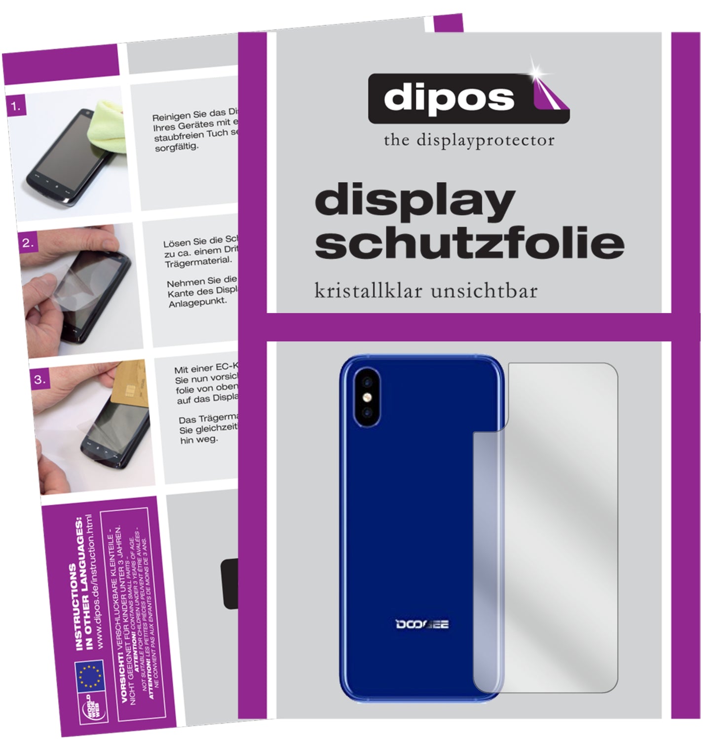 Klare Displayschutzfolie von dipos passend für Doogee X50L Rückseite, präziser Zuschnitt und blasenfrei montiert
