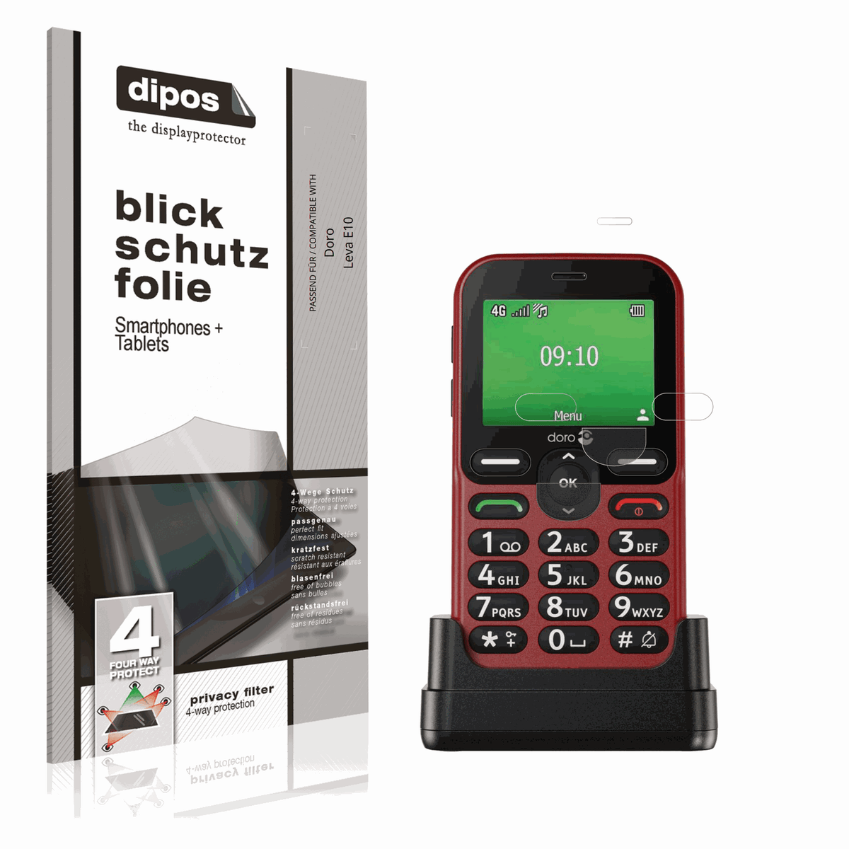 Blickschutzfolie von dipos passend für Doro Leva E10, präziser Zuschnitt und blasenfrei montiert