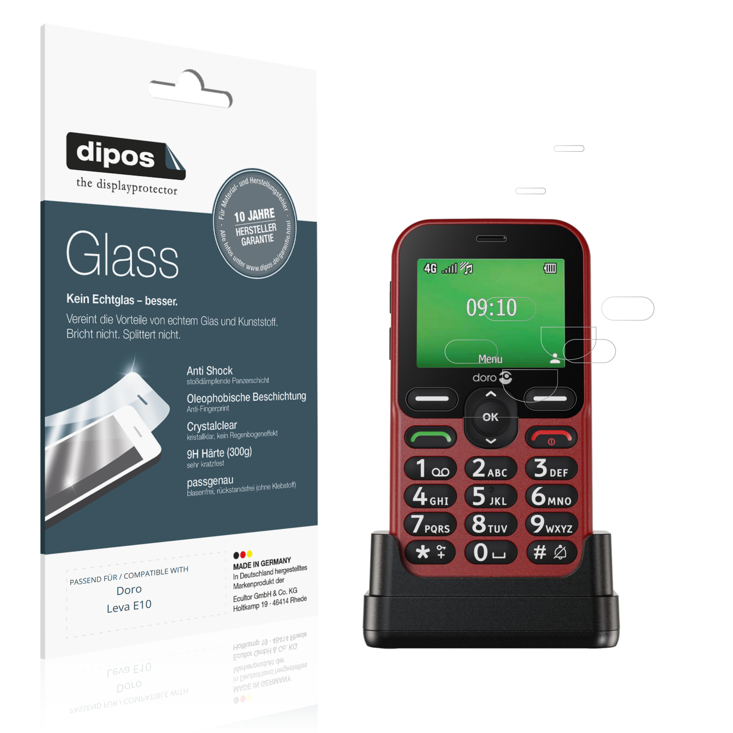 Klare Displayschutzfolie von dipos passend für Doro Leva E10, 9H kratzfest und blasenfrei montiert