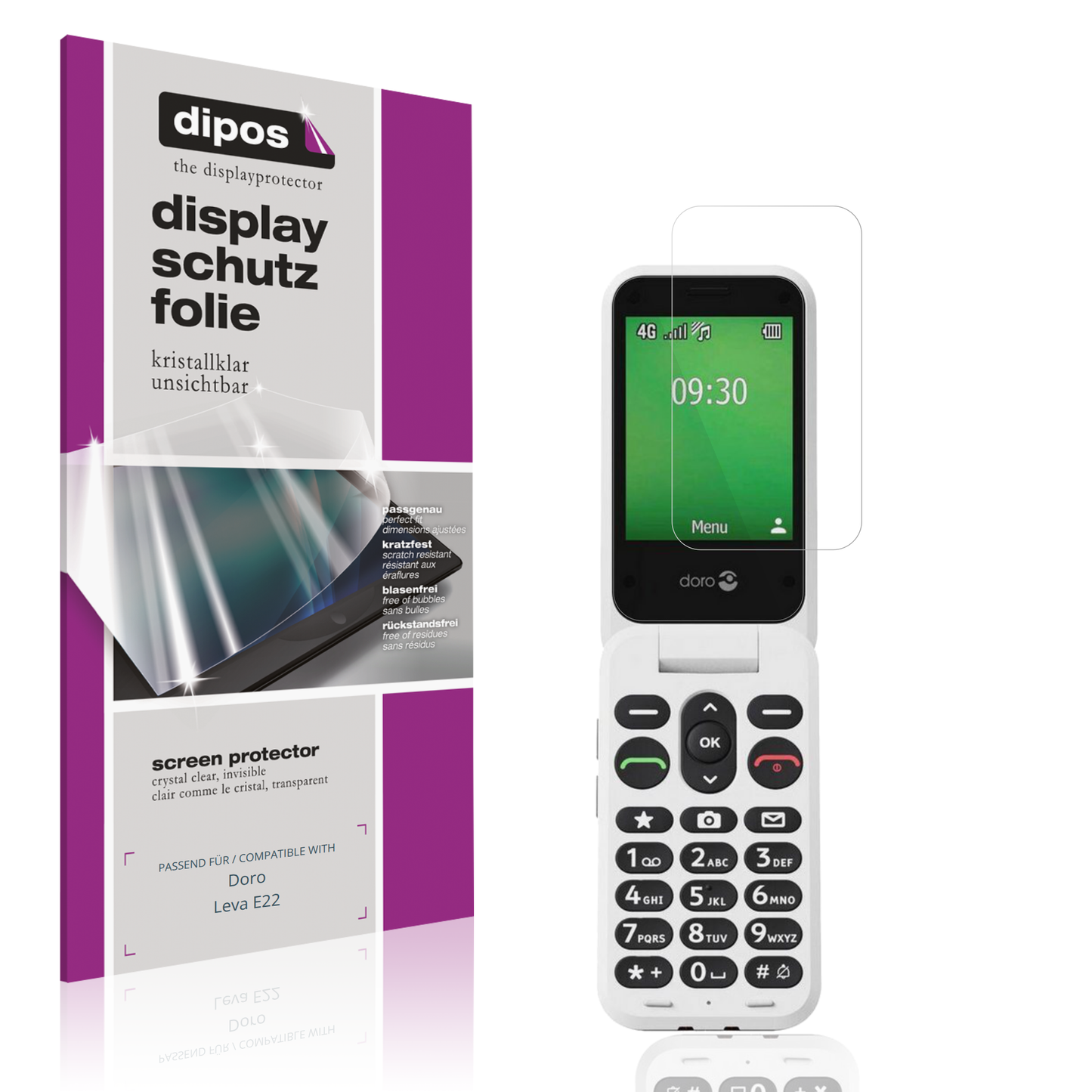 Klare Displayschutzfolie von dipos passend für Doro Leva E22, präziser Zuschnitt und blasenfrei montiert