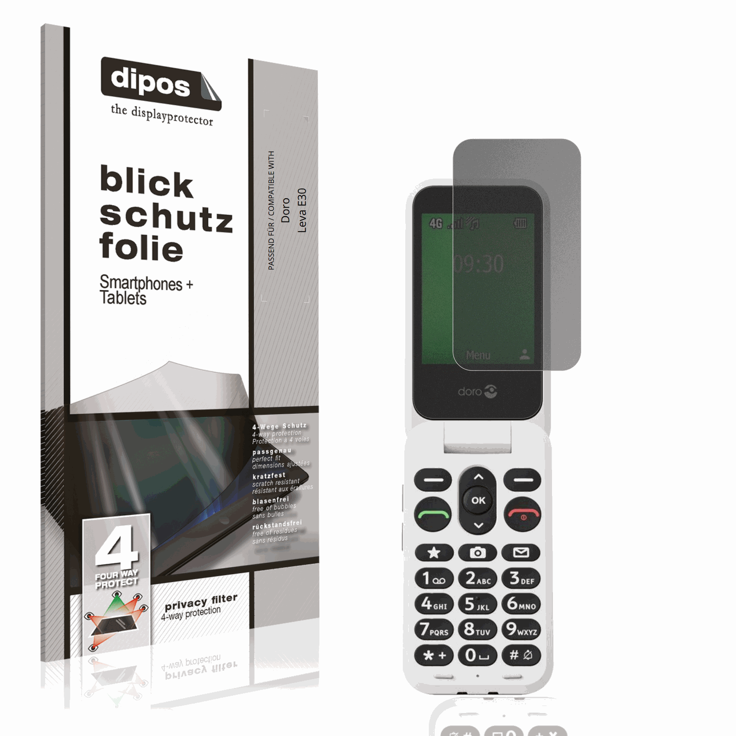 Blickschutzfolie von dipos passend für Doro Leva E30, präziser Zuschnitt und blasenfrei montiert