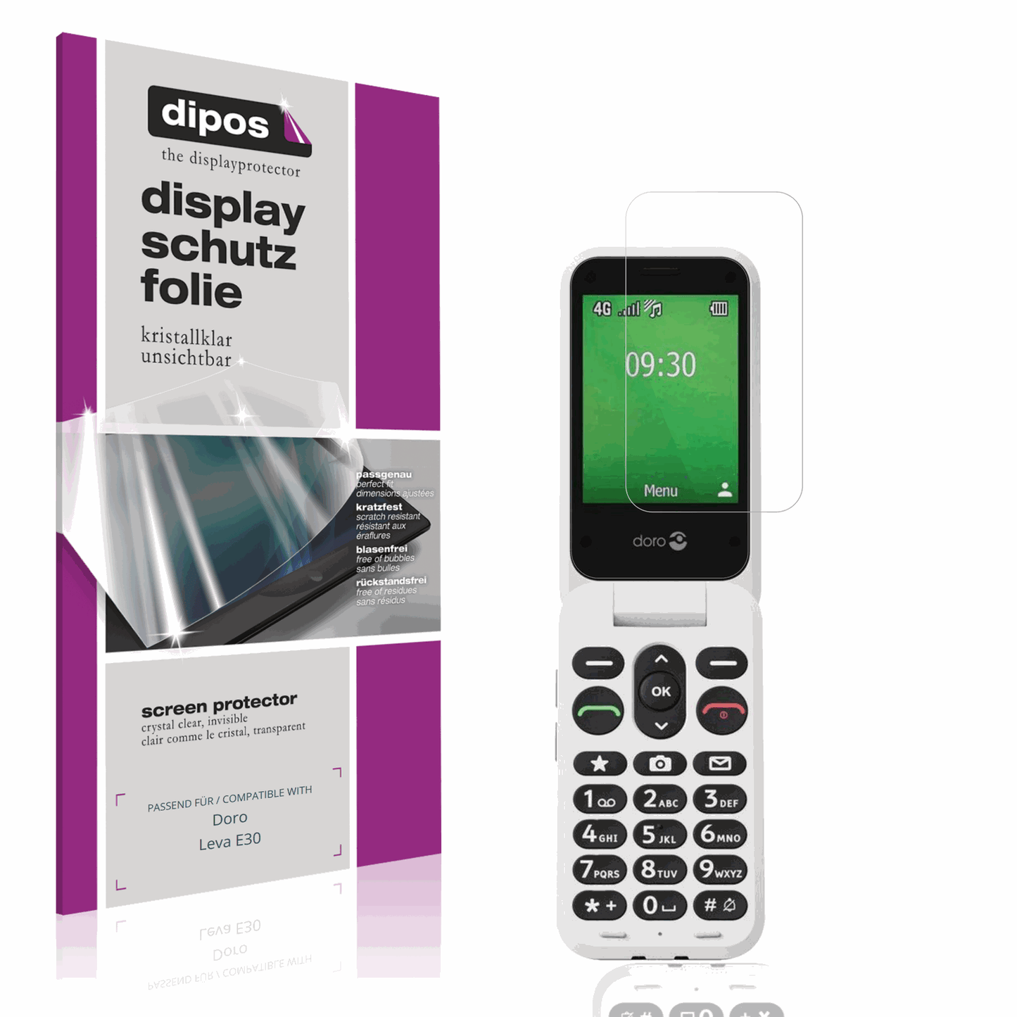 Klare Displayschutzfolie von dipos passend für Doro Leva E30, präziser Zuschnitt und blasenfrei montiert
