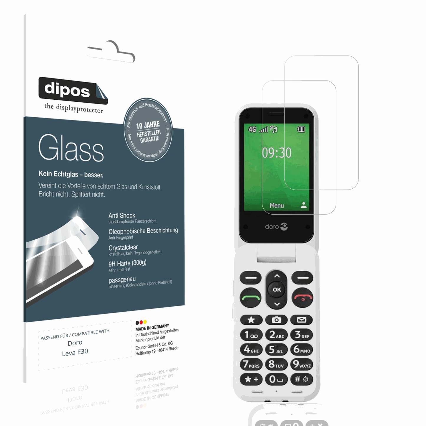 Klare Displayschutzfolie von dipos passend für Doro Leva E30, 9H kratzfest und blasenfrei montiert
