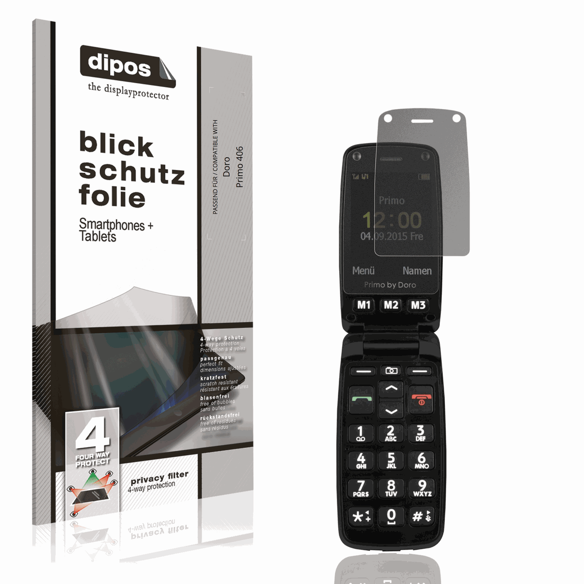 Blickschutzfolie von dipos passend für Doro Primo 406, präziser Zuschnitt und blasenfrei montiert