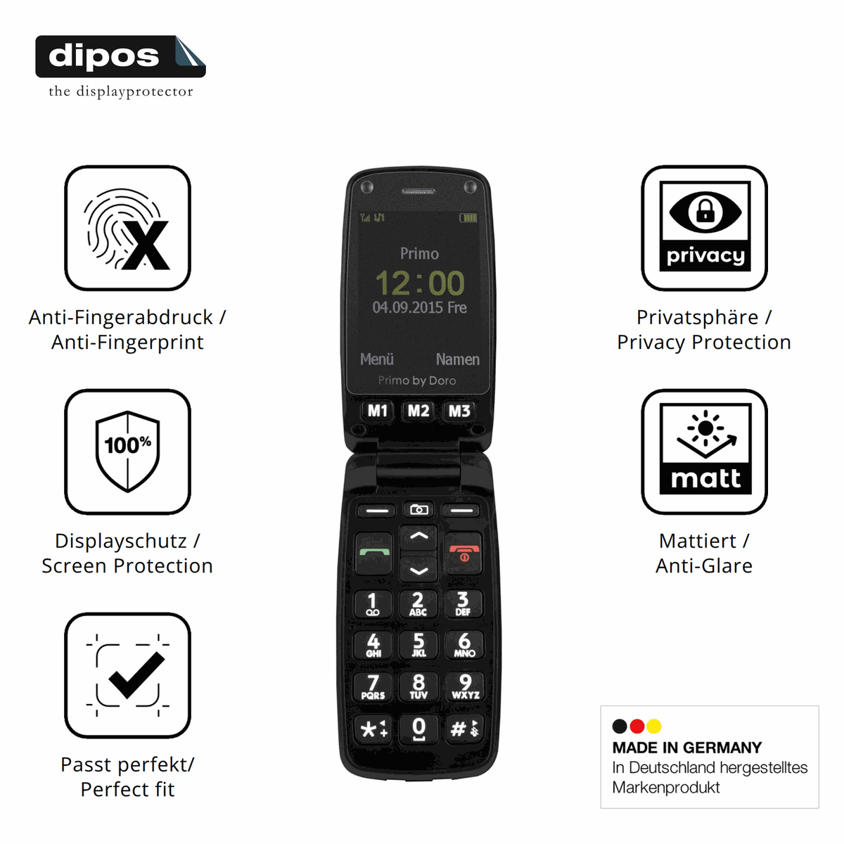 Privatsphäre-Schutz durch Sichtschutz-Folie passend zugeschnitten für Doro Primo 406
