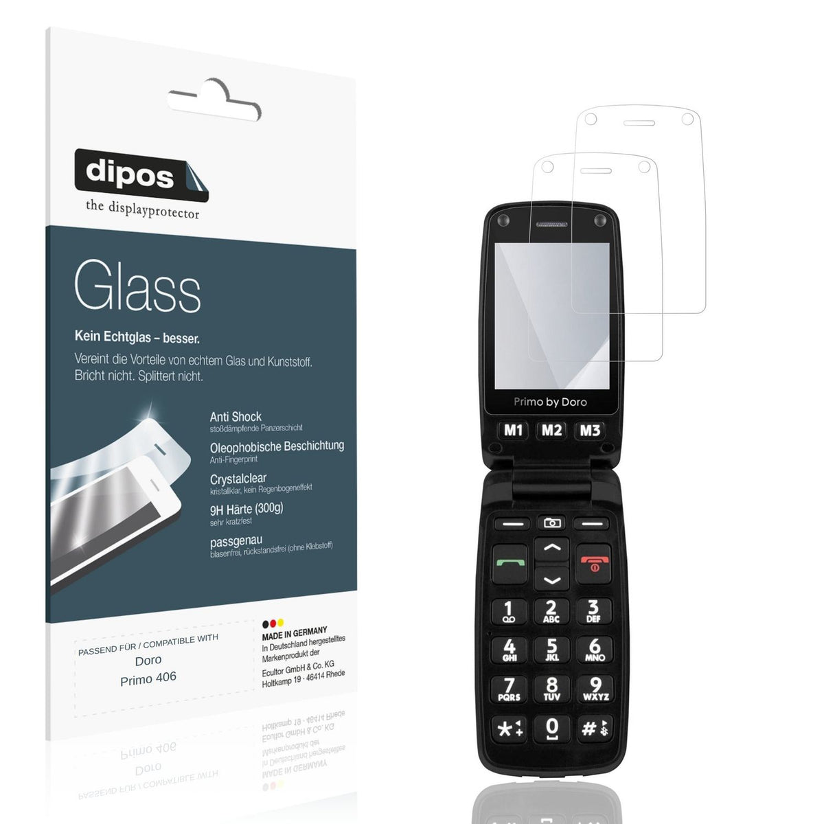 Klare Displayschutzfolie von dipos passend für Doro Primo 406, 9H kratzfest und blasenfrei montiert