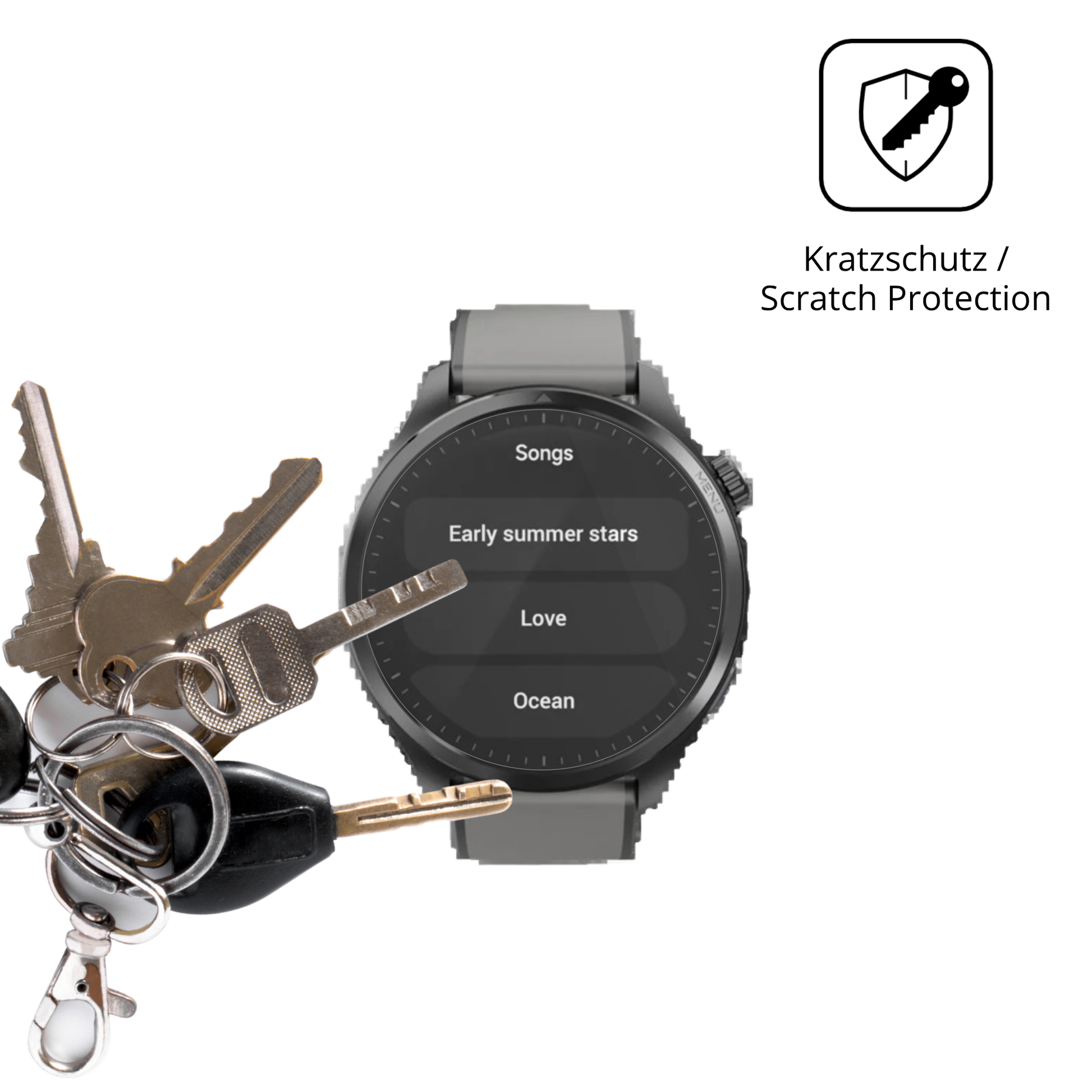 Schutz gegen Kratzer auf dem Duoripe 1.43 Zoll Smartwatch Glas durch Schlüssel oder Ähnliches
