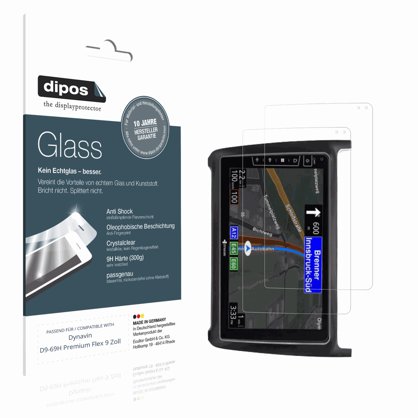Klare Displayschutzfolie von dipos passend für Dynavin D9-69H Premium Flex 9 Zoll, 9H kratzfest und blasenfrei montiert
