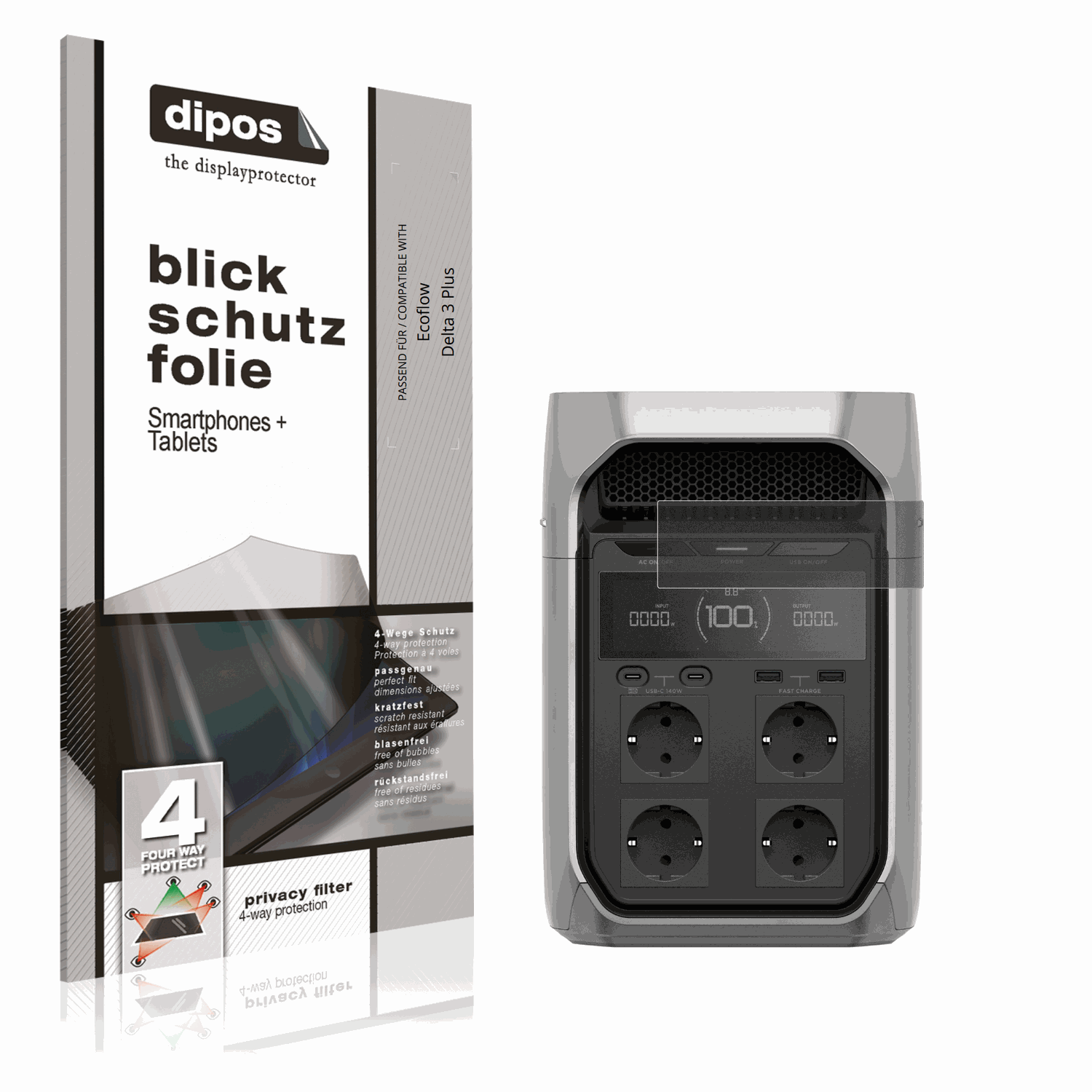 Blickschutzfolie von dipos passend für Ecoflow Delta 3 Plus, präziser Zuschnitt und blasenfrei montiert