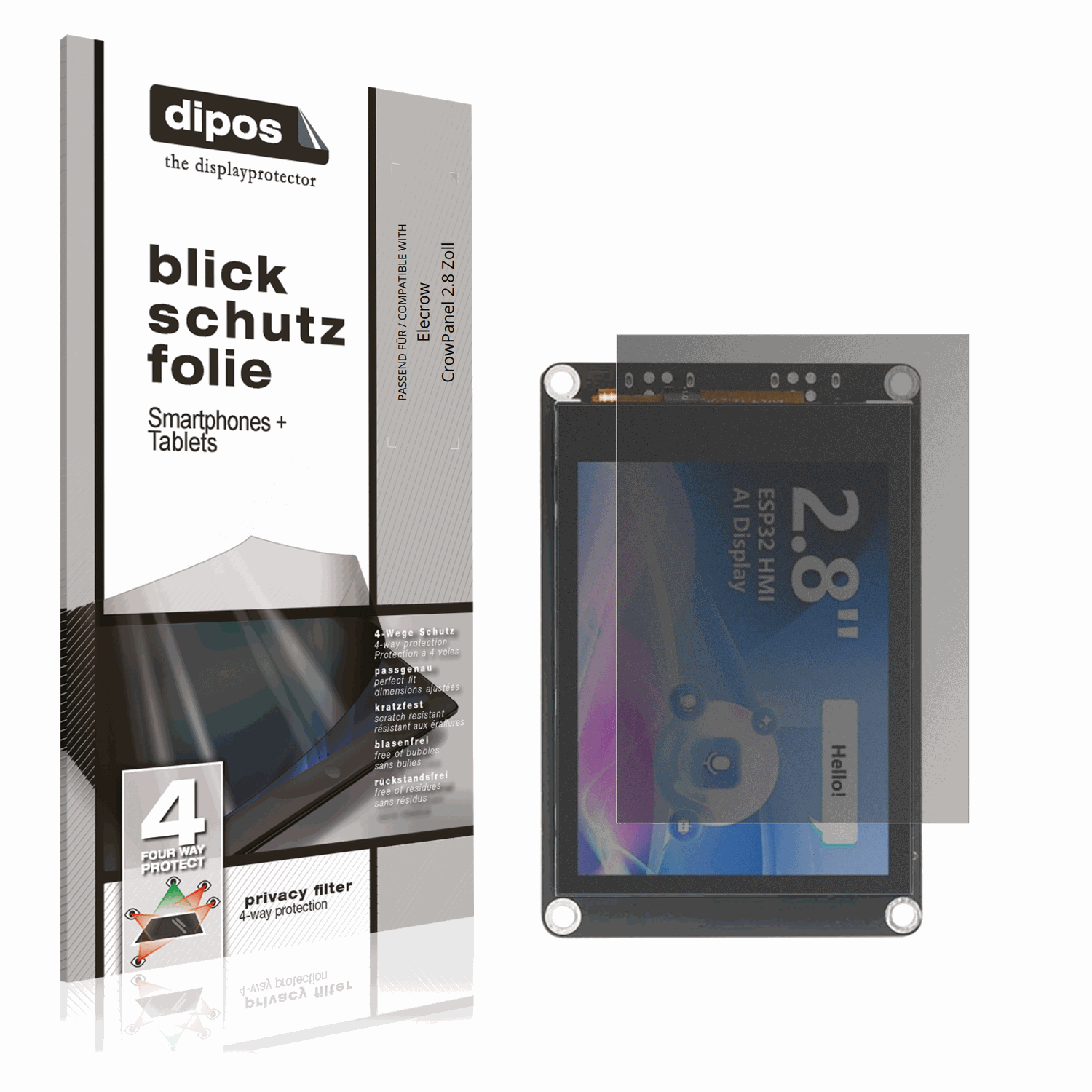 Blickschutzfolie von dipos passend für Elecrow CrowPanel 2.8 Zoll, präziser Zuschnitt und blasenfrei montiert