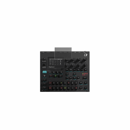 ElektronDigitone II mit aufgebrachtem dipos Displayschutz, der seitliche Einblicke blockiert