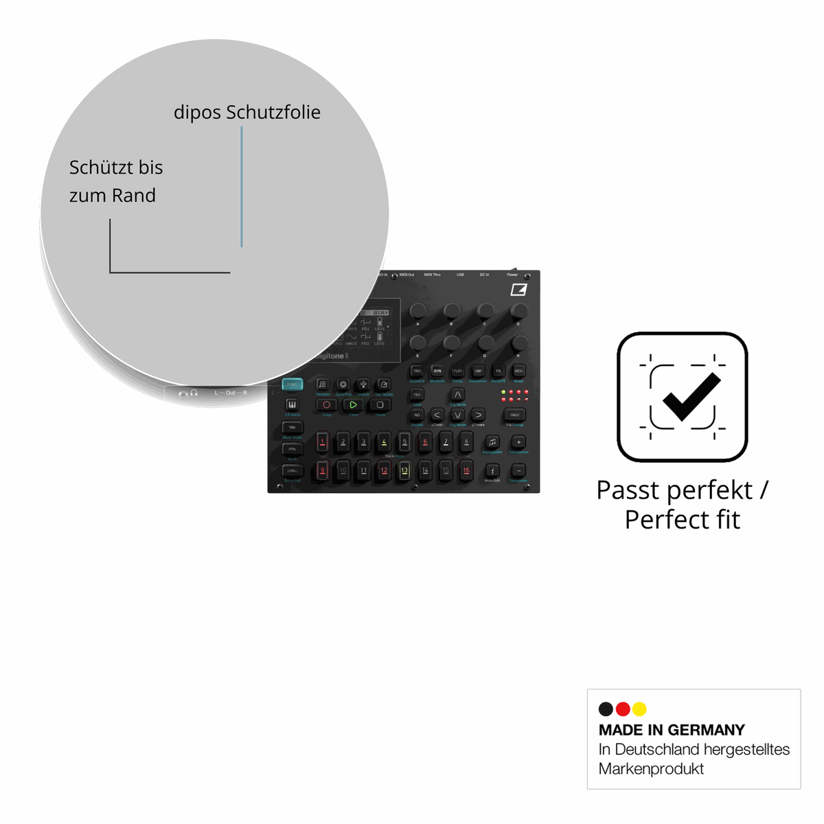 Schutz gegen Kratzer auf dem Elektron Digitone II Glas durch Schlüssel oder Ähnliches