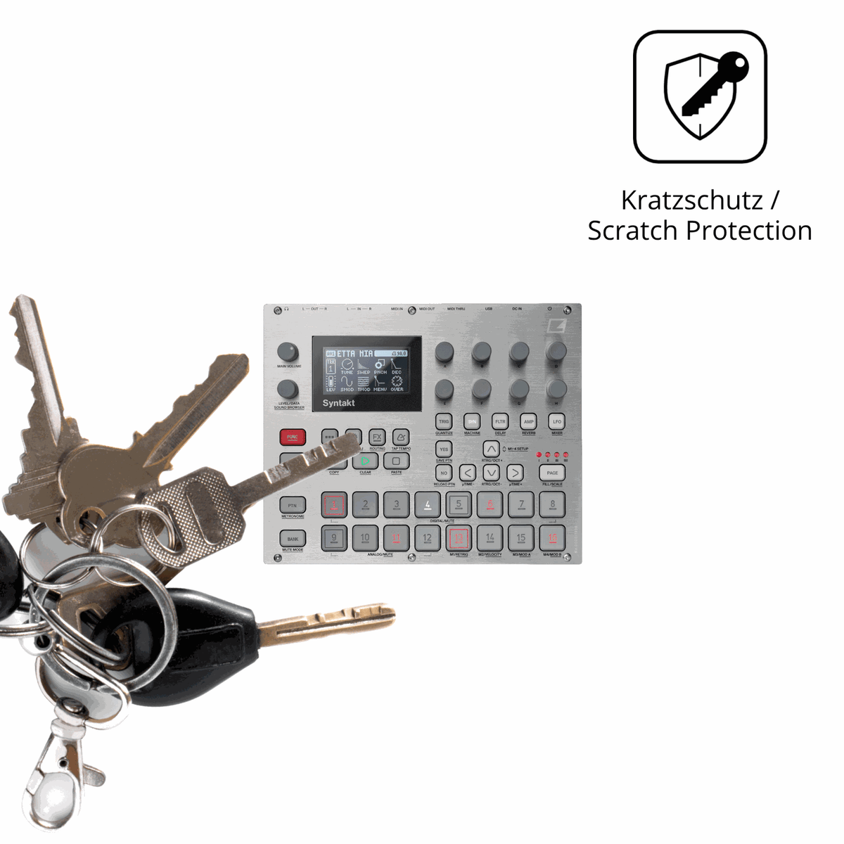 Schutz gegen Kratzer auf dem Elektron Syntakt E25 Glas durch Schlüssel oder Ähnliches