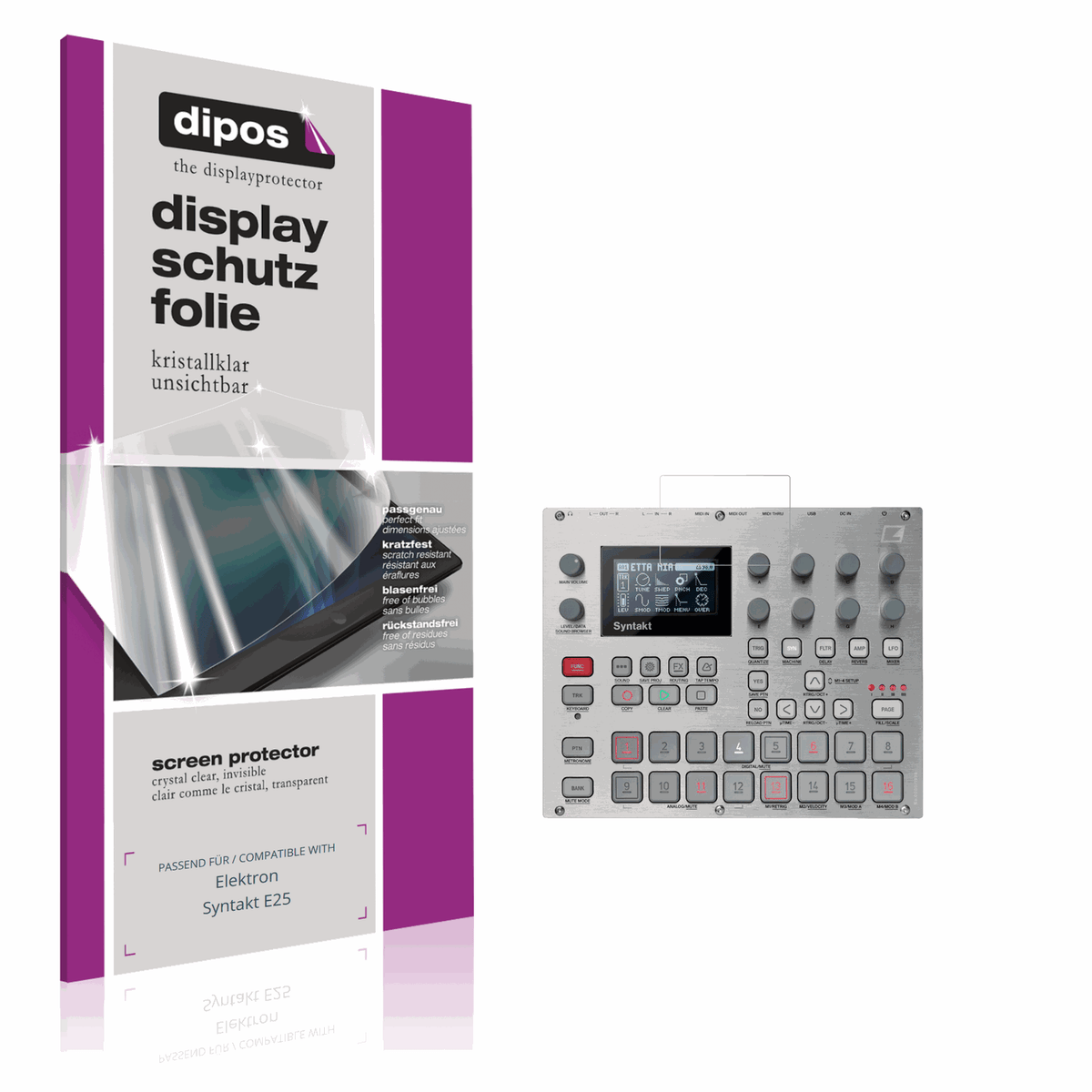 Klare Displayschutzfolie von dipos passend für Elektron Syntakt E25, präziser Zuschnitt und blasenfrei montiert