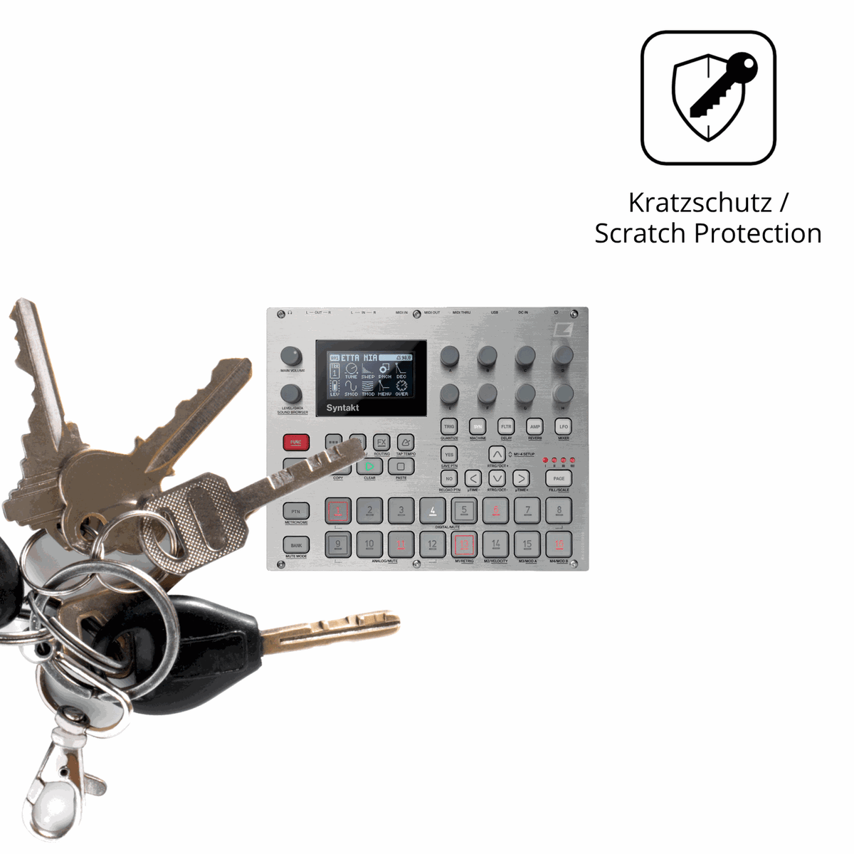Schutz gegen Kratzer auf dem Elektron Syntakt E25 Glas durch Schlüssel oder Ähnliches