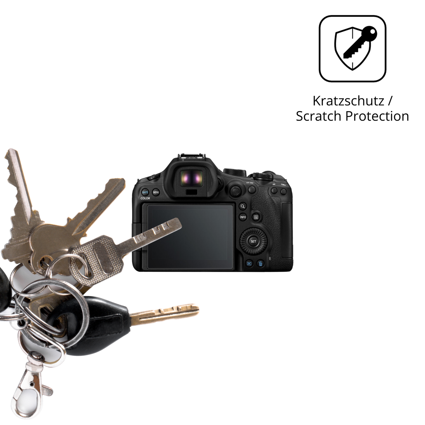 Schutz gegen Kratzer auf dem EOS R6 Mark III Glas durch Schlüssel oder Ähnliches