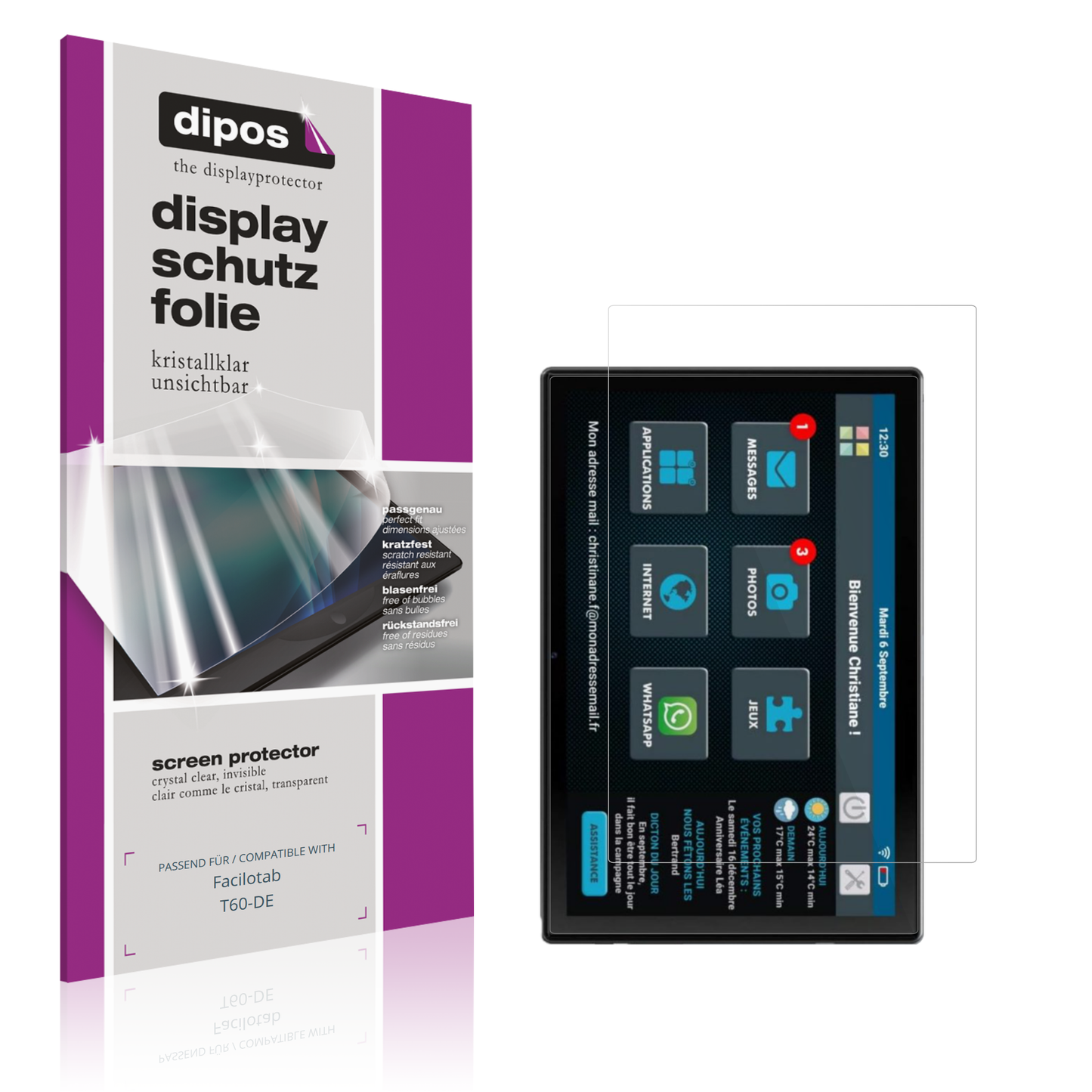 Klare Displayschutzfolie von dipos passend für Facilotab T60-DE, präziser Zuschnitt und blasenfrei montiert