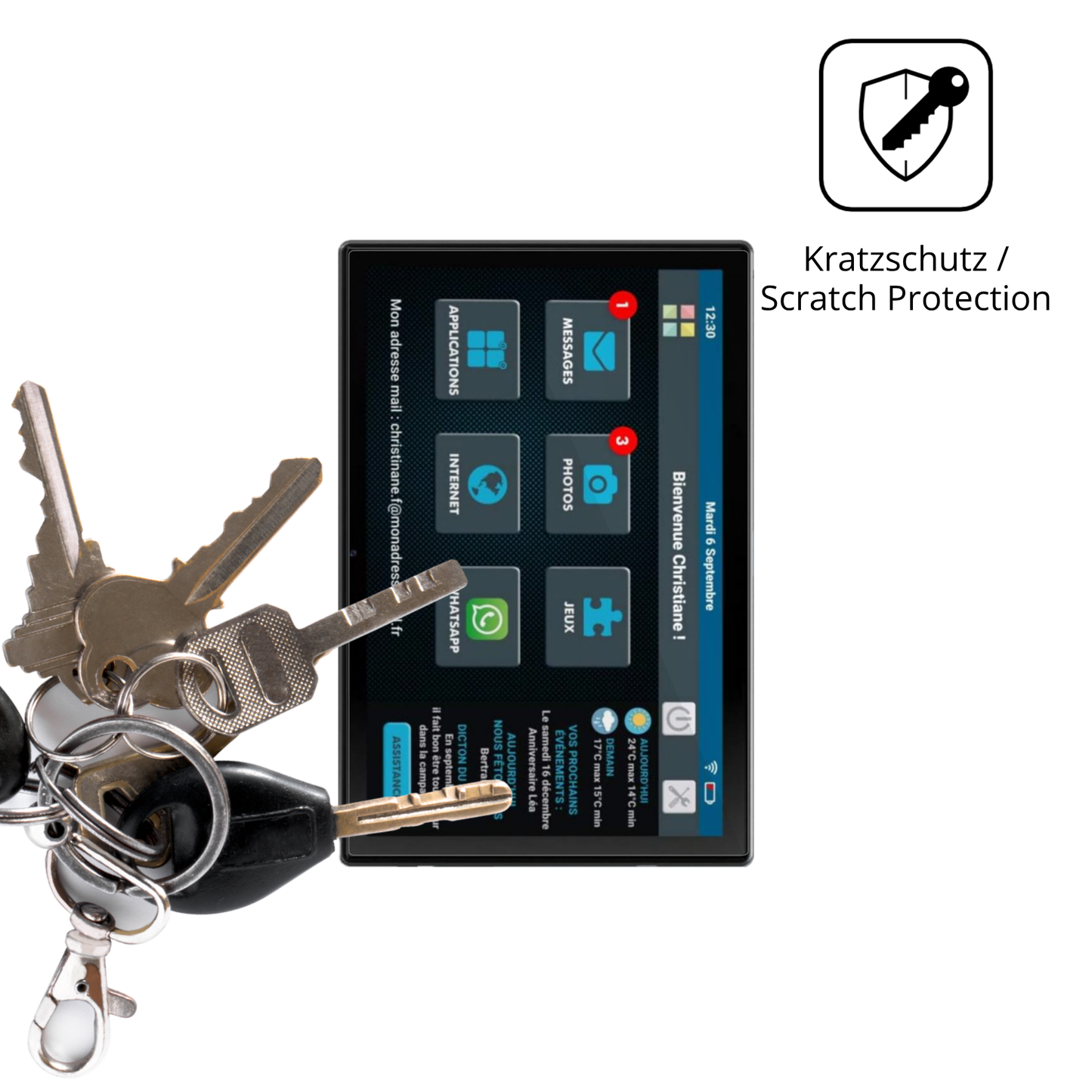 Schutz gegen Kratzer auf dem Facilotab T60-DE Glas durch Schlüssel oder Ähnliches