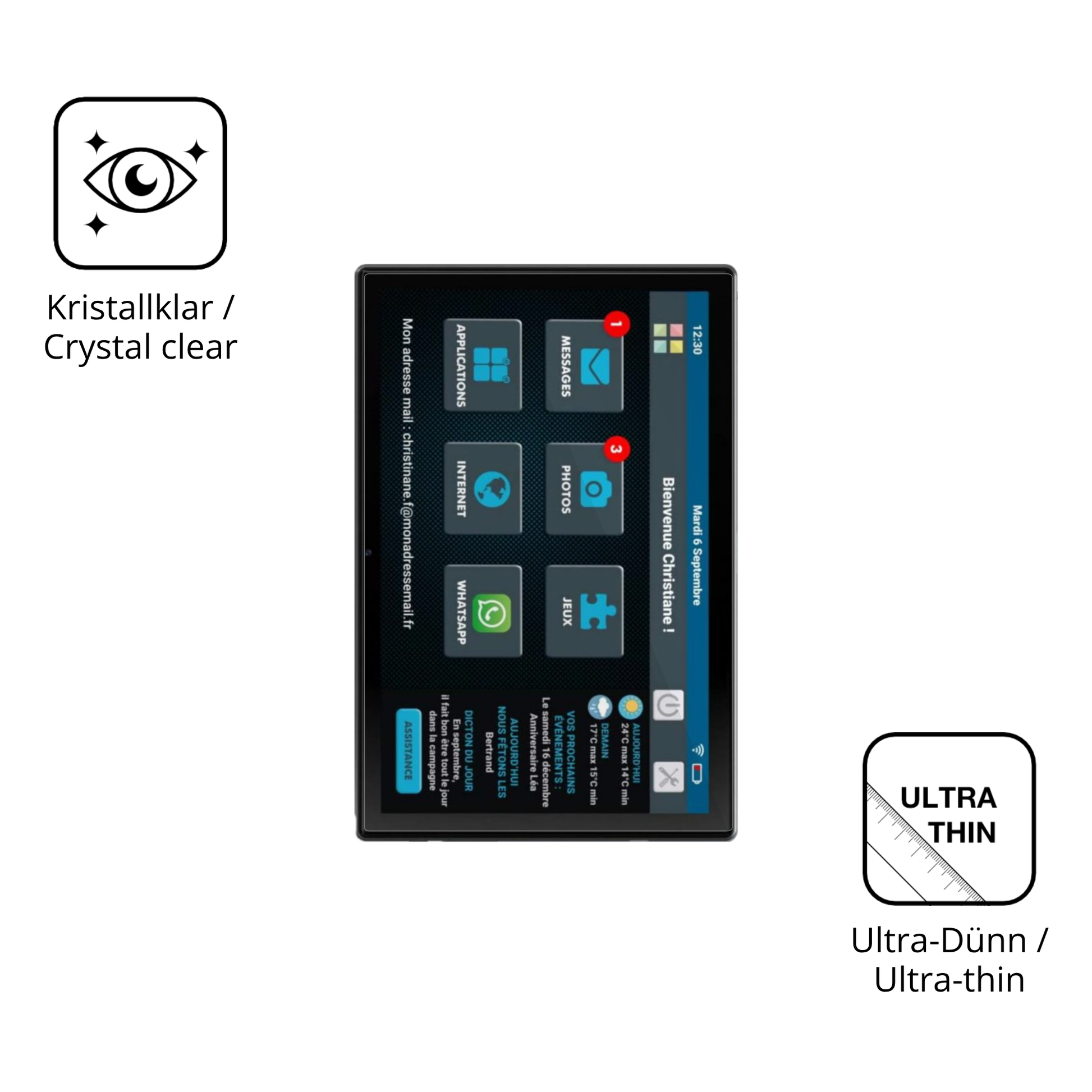 Dünne und klare Folie passend zugeschnitten für Facilotab T60-DE