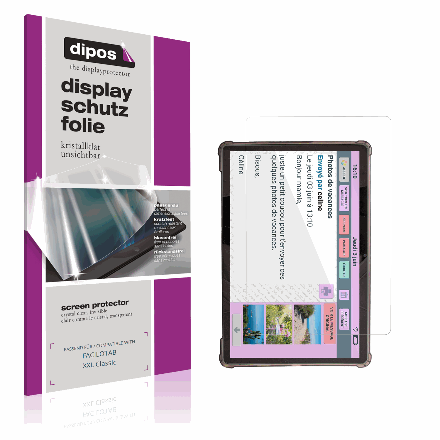 Klare Displayschutzfolie von dipos passend für FACILOTAB XXL Classic, präziser Zuschnitt und blasenfrei montiert